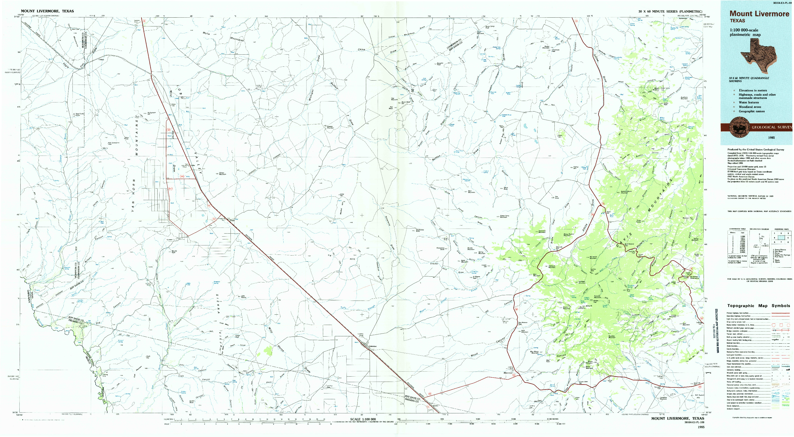 USGS 1:100000-SCALE QUADRANGLE FOR MOUNT LIVERMORE, TX 1985