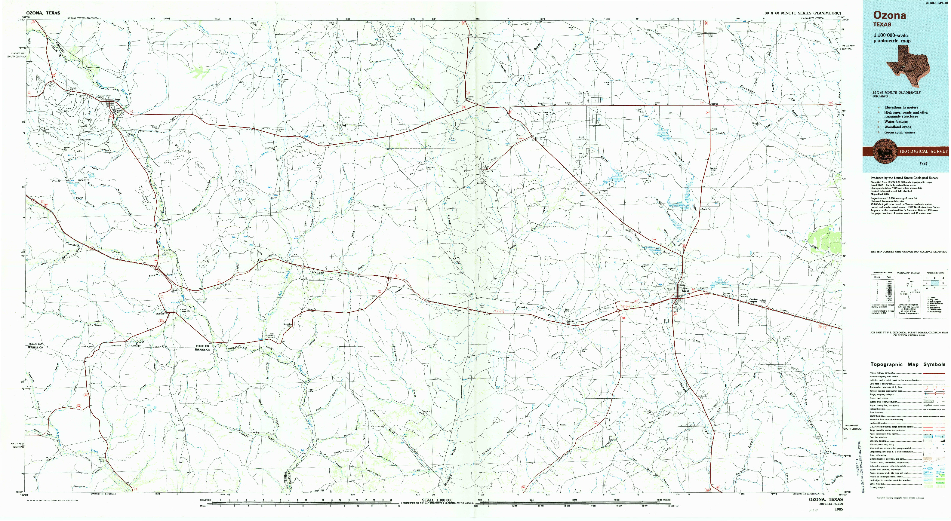 USGS 1:100000-SCALE QUADRANGLE FOR OZONA, TX 1985
