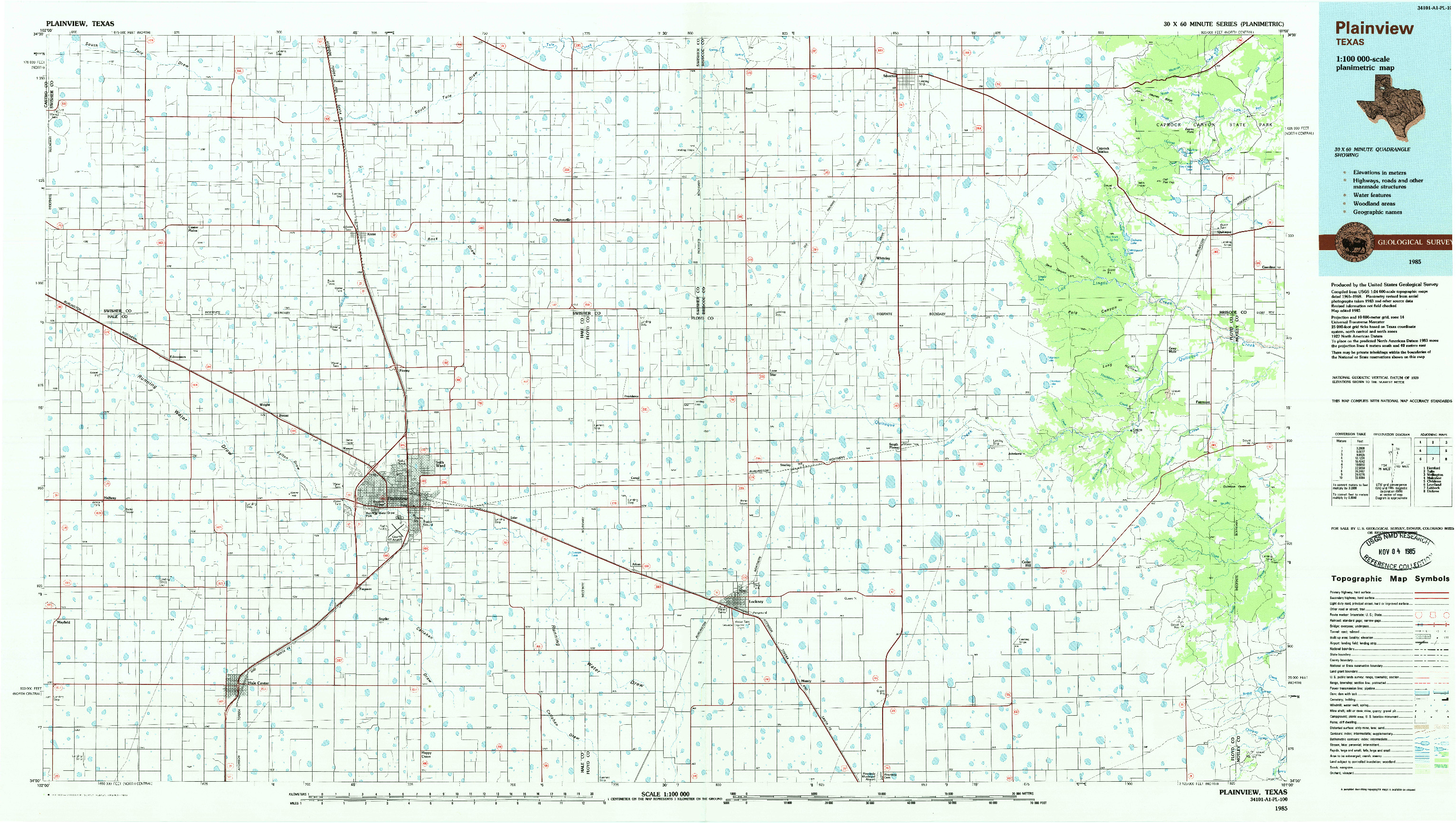 USGS 1:100000-SCALE QUADRANGLE FOR PLAINVIEW, TX 1985