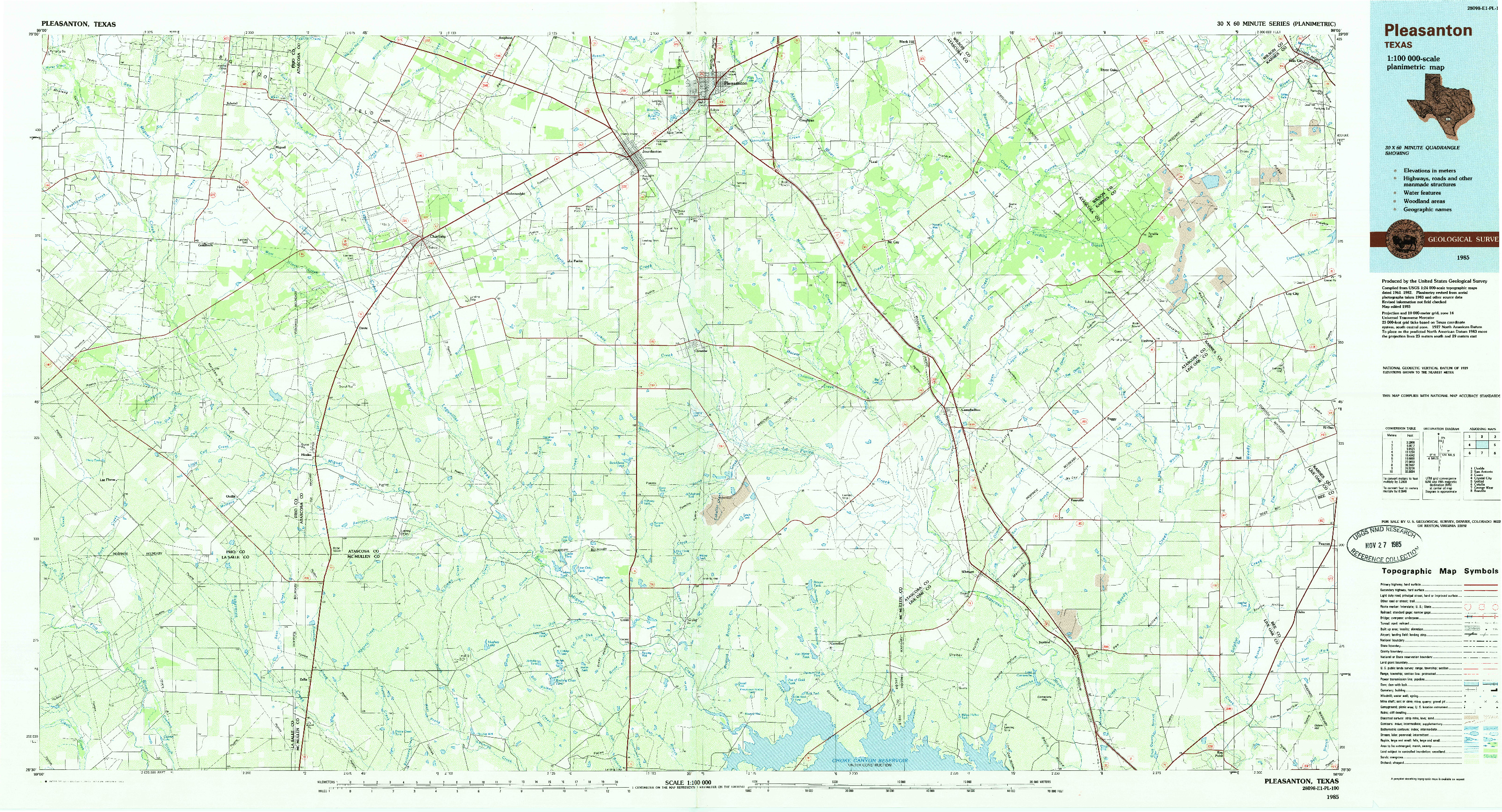 USGS 1:100000-SCALE QUADRANGLE FOR PLEASANTON, TX 1985