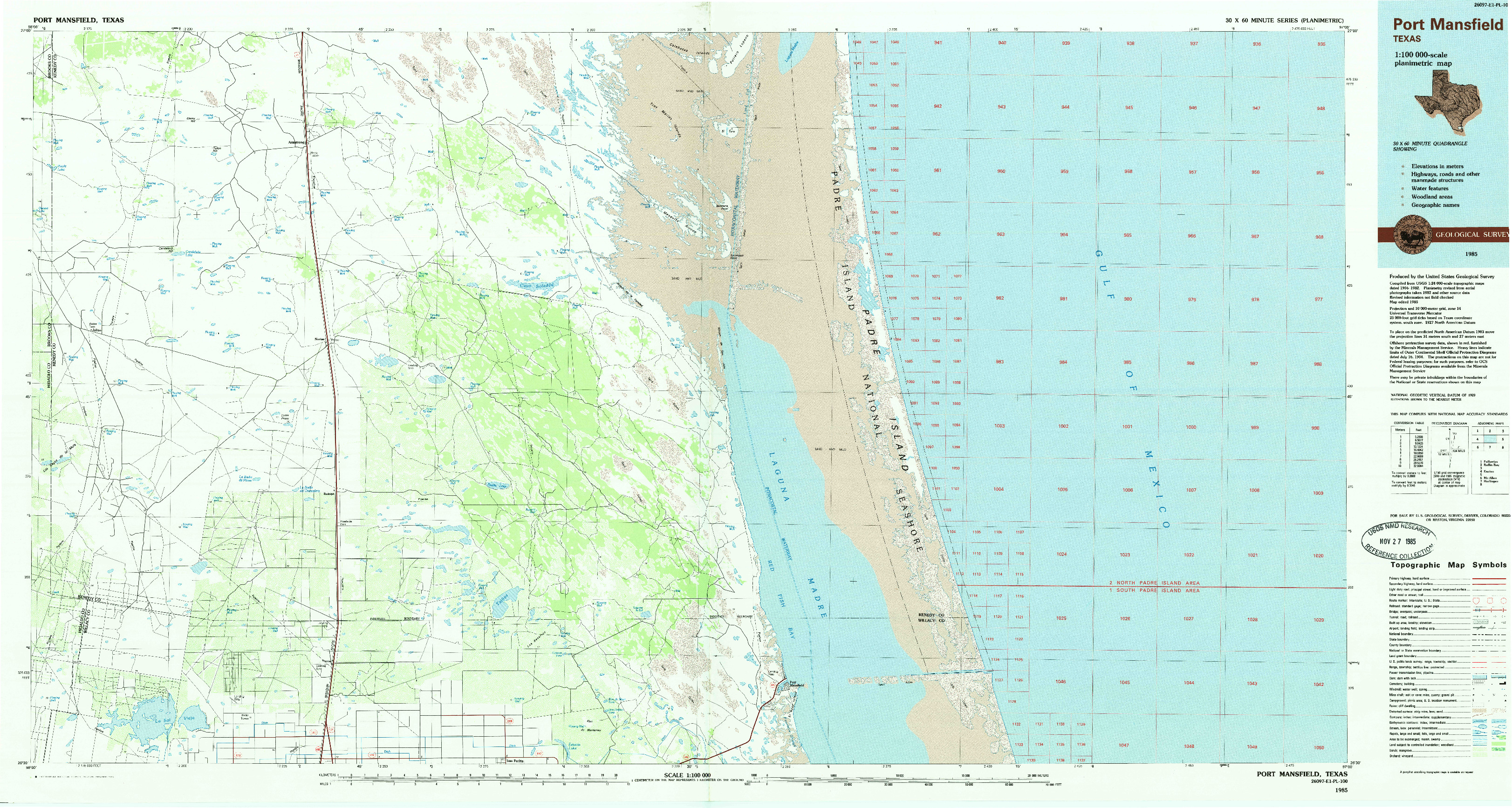 USGS 1:100000-SCALE QUADRANGLE FOR PORT MANSFIELD, TX 1985