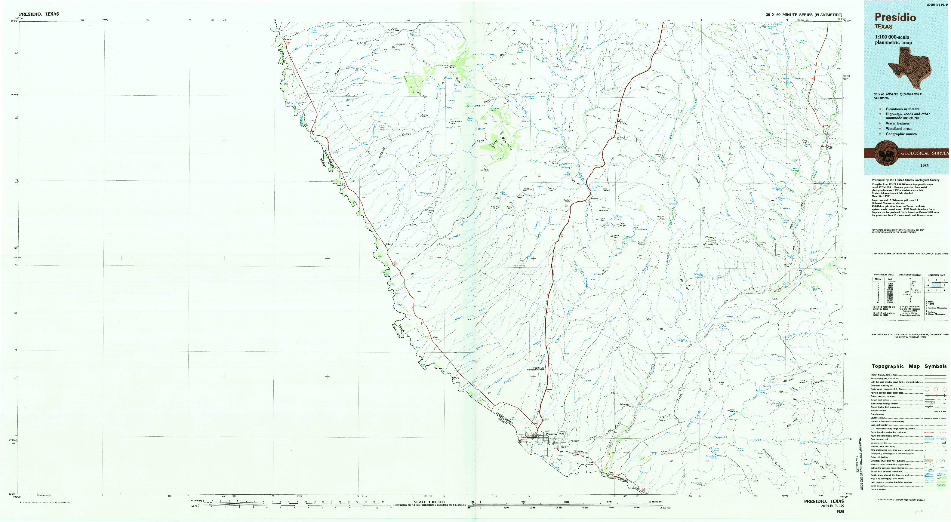 USGS 1:100000-SCALE QUADRANGLE FOR PRESIDIO, TX 1985