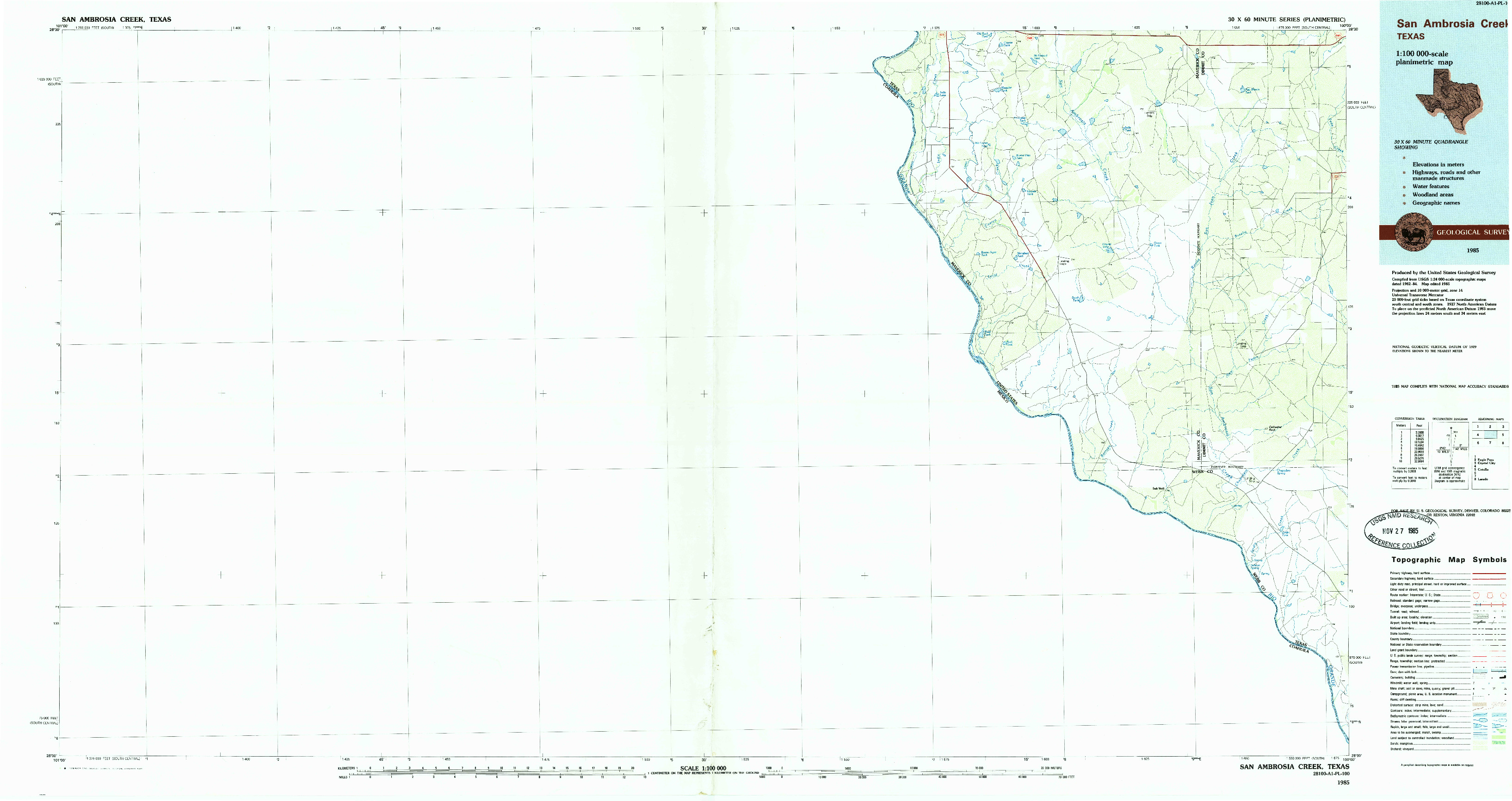 USGS 1:100000-SCALE QUADRANGLE FOR SAN AMBROSIA CREEK, TX 1985