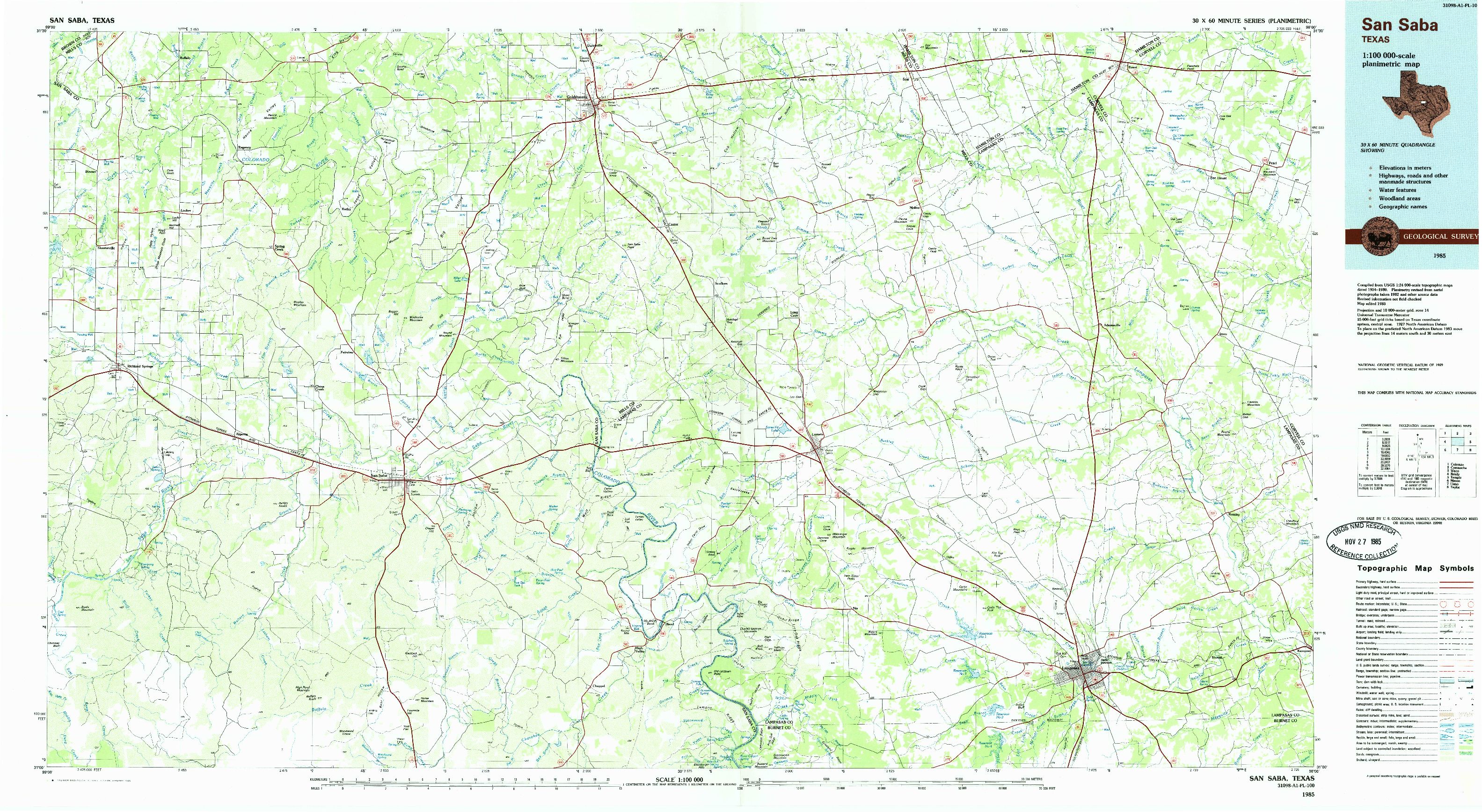 USGS 1:100000-SCALE QUADRANGLE FOR SAN SABA, TX 1985