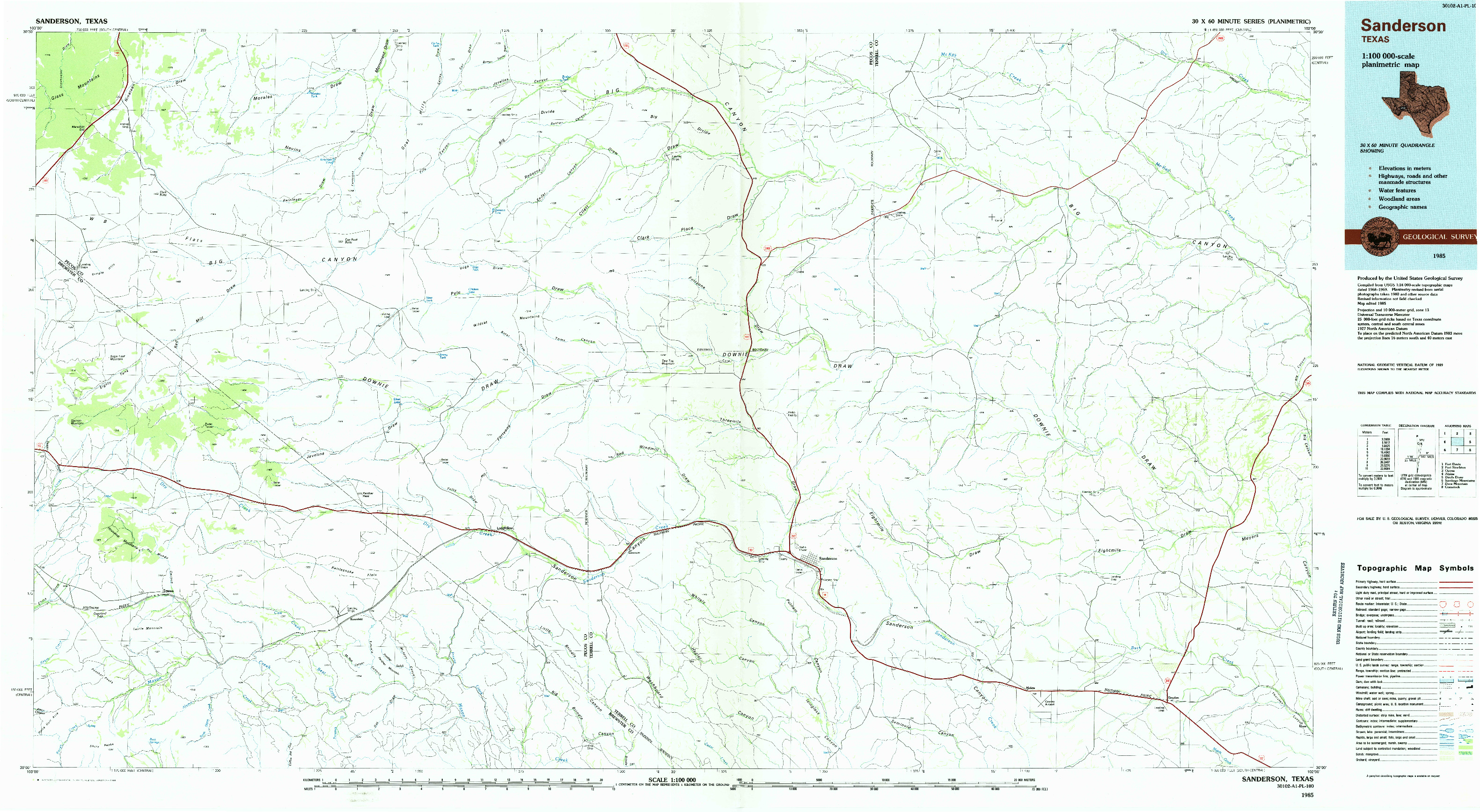 USGS 1:100000-SCALE QUADRANGLE FOR SANDERSON, TX 1985