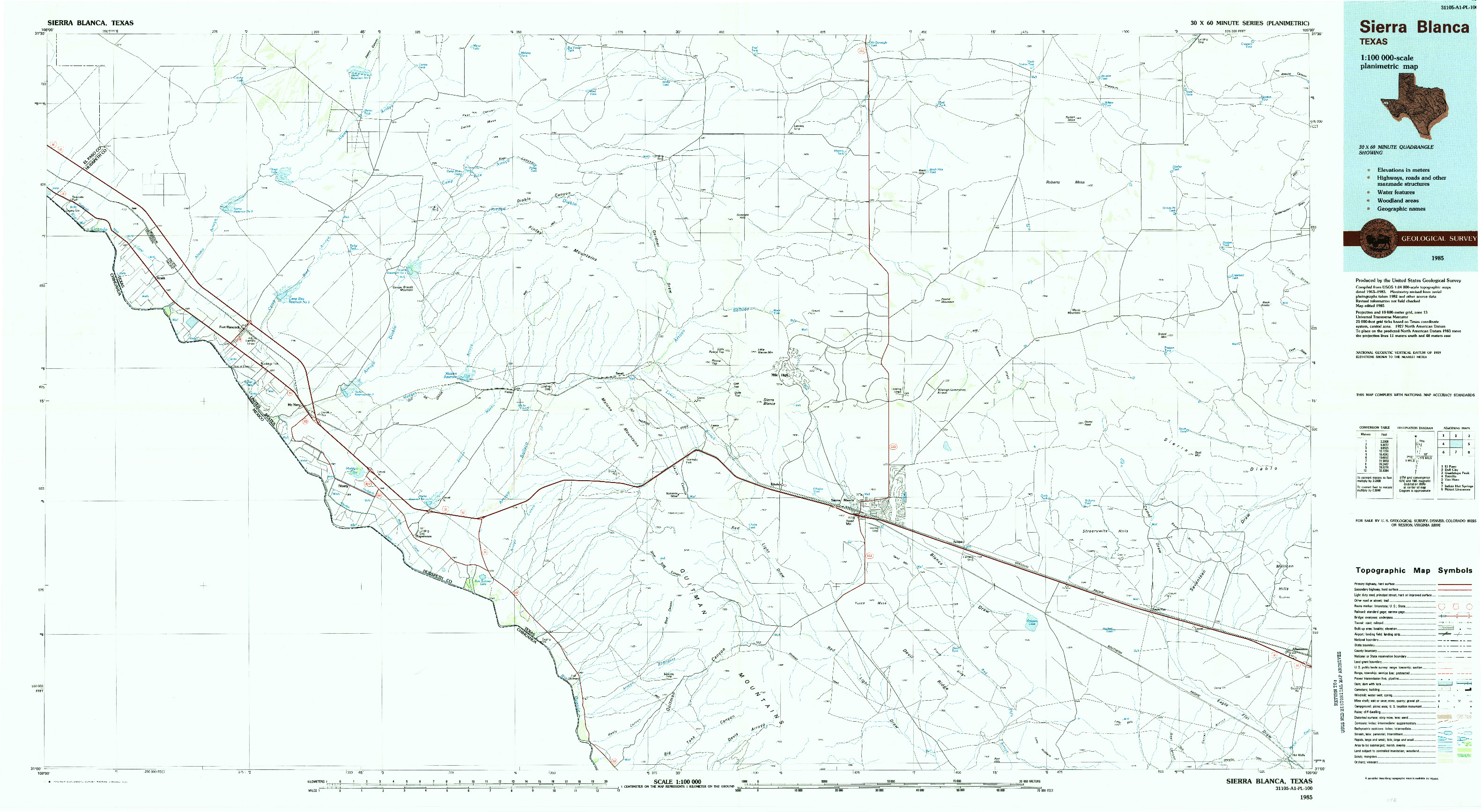 USGS 1:100000-SCALE QUADRANGLE FOR SIERRA BLANCA, TX 1985