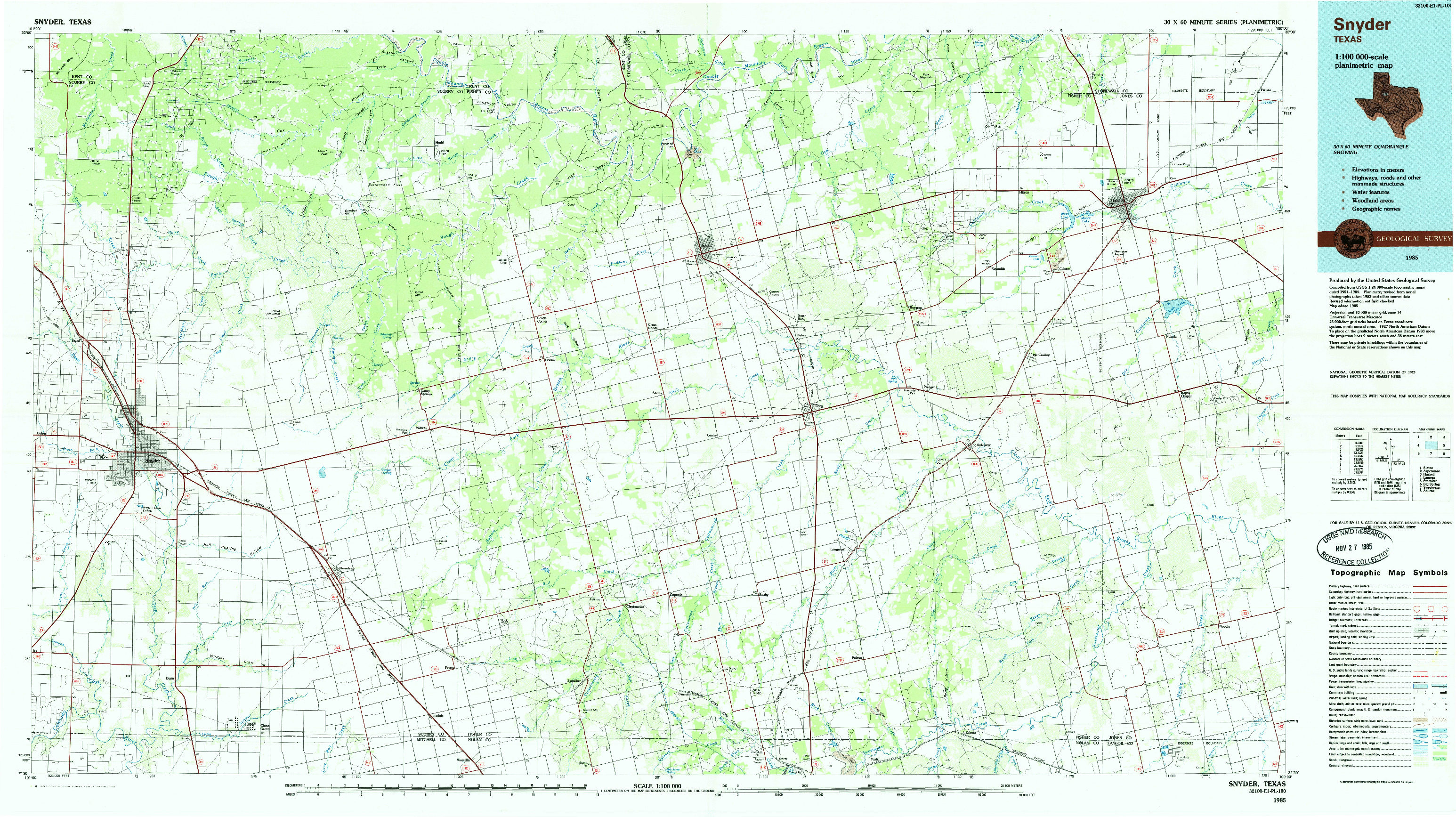 USGS 1:100000-SCALE QUADRANGLE FOR SNYDER, TX 1985