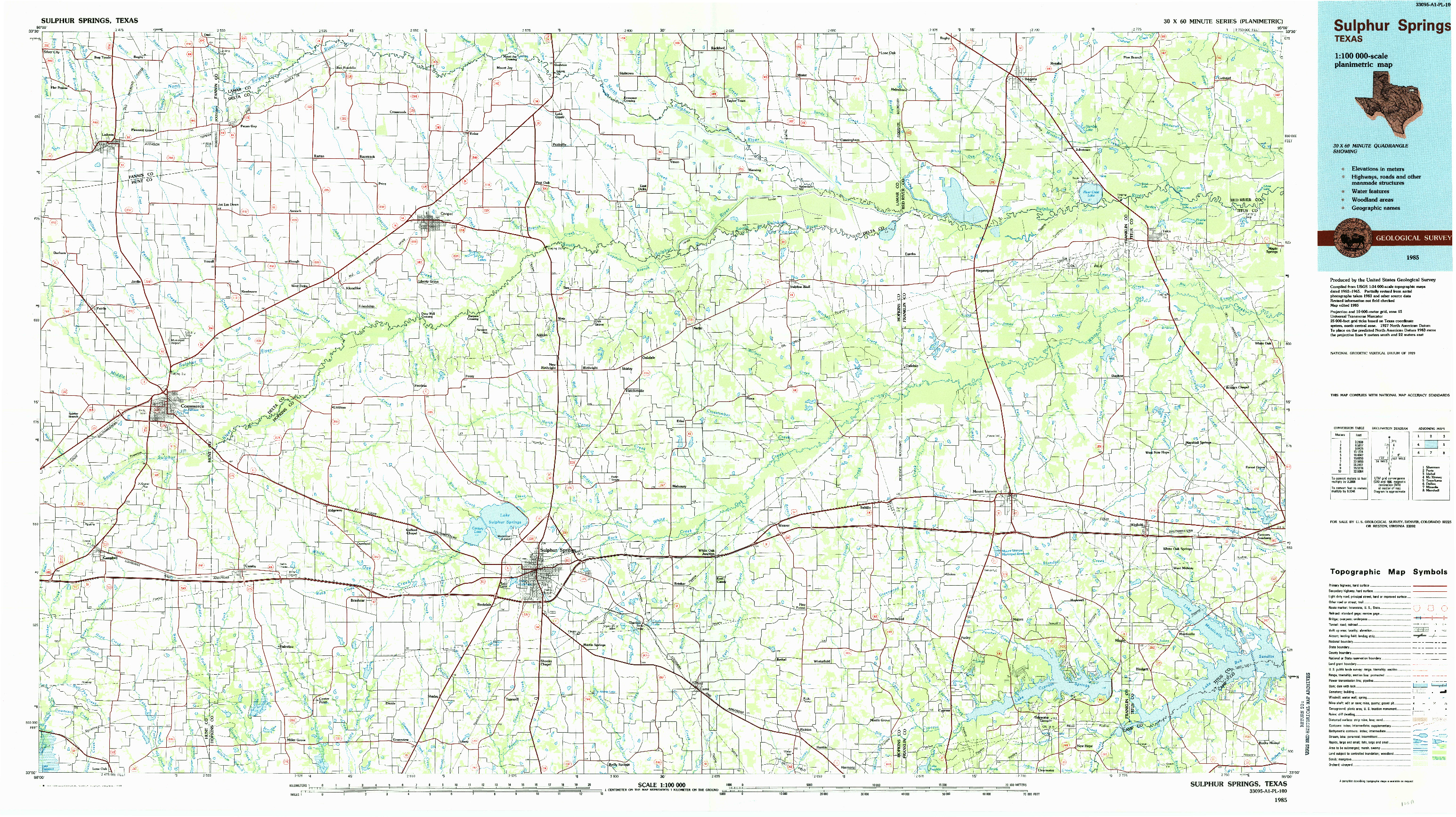 USGS 1:100000-SCALE QUADRANGLE FOR SULPHUR SPRINGS, TX 1985