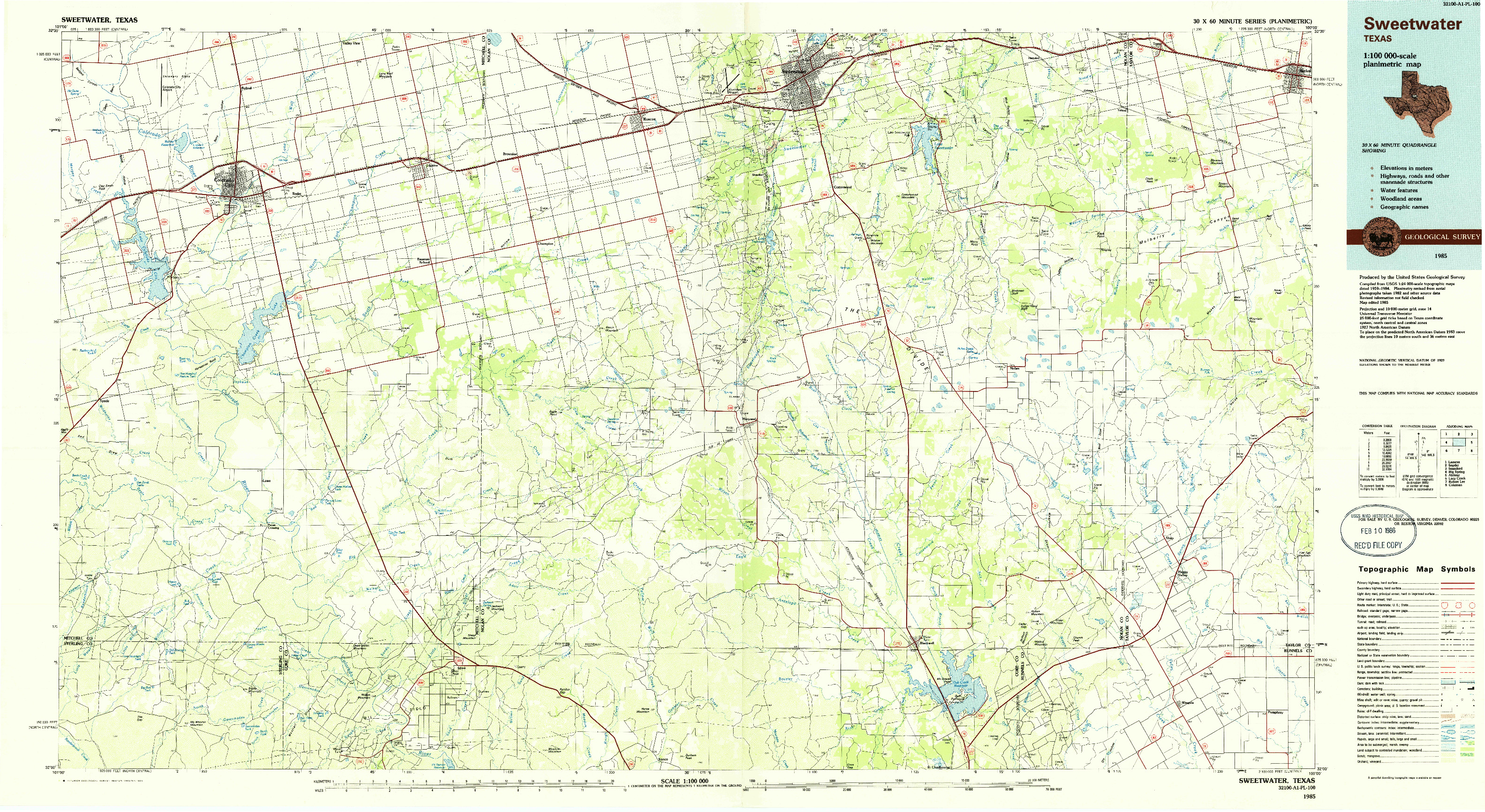 USGS 1:100000-SCALE QUADRANGLE FOR SWEETWATER, TX 1985