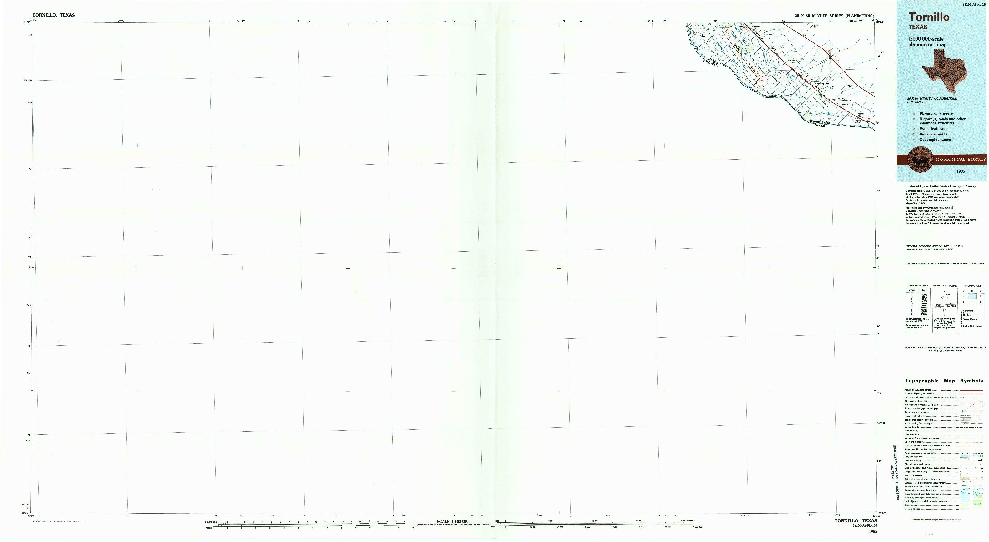 USGS 1:100000-SCALE QUADRANGLE FOR TORNILLO, TX 1985