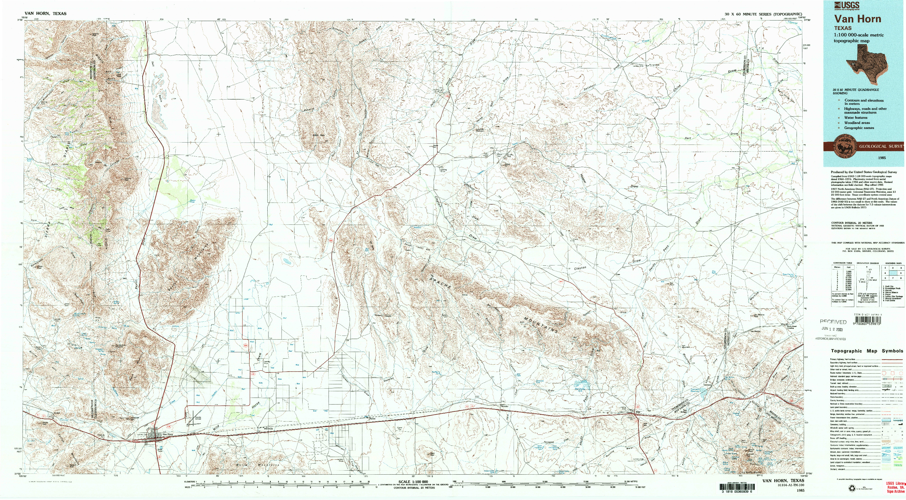 USGS 1:100000-SCALE QUADRANGLE FOR VAN HORN, TX 1985