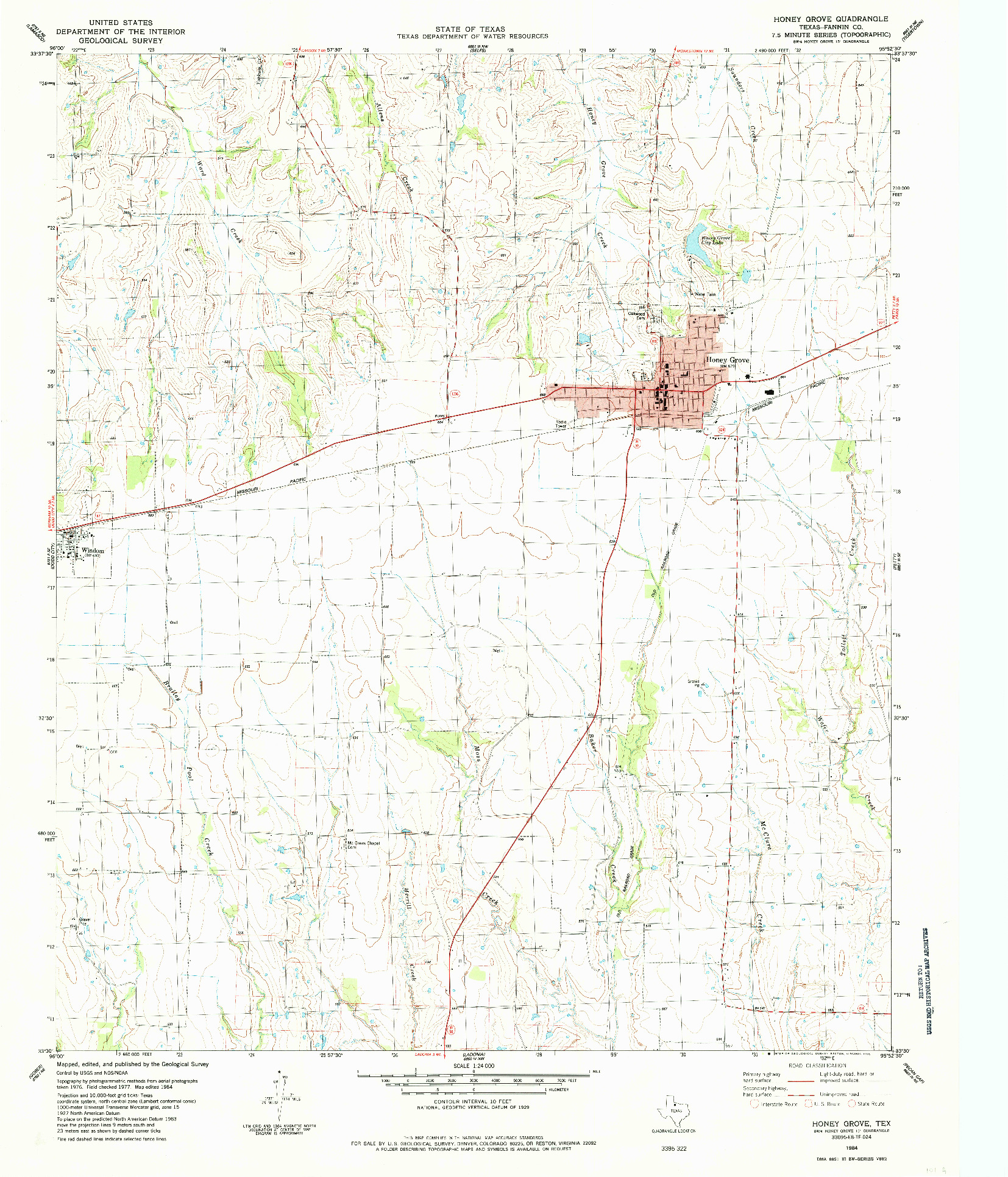 USGS 1:24000-SCALE QUADRANGLE FOR HONEY GROVE, TX 1984