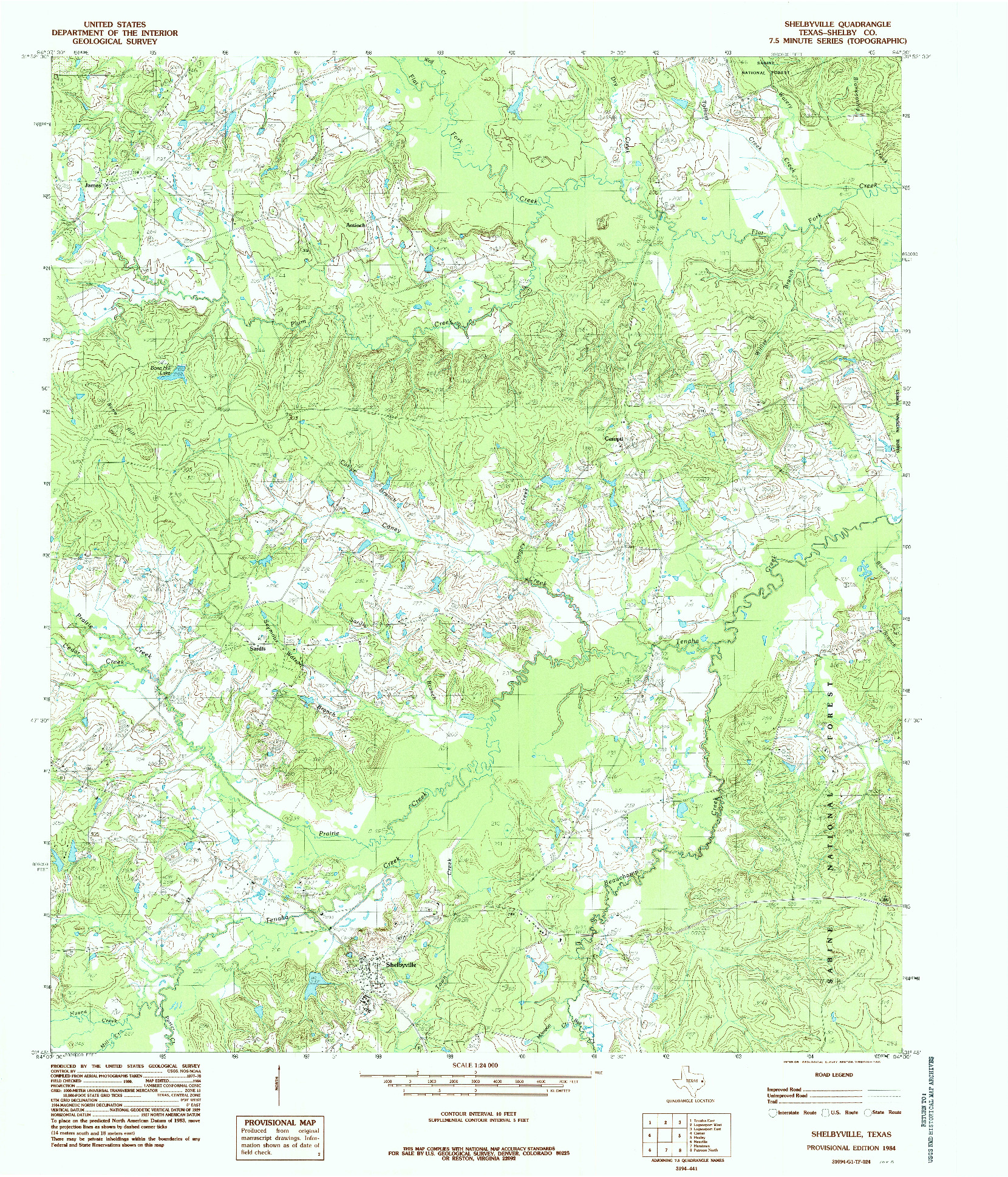 USGS 1:24000-SCALE QUADRANGLE FOR SHELBYVILLE, TX 1984