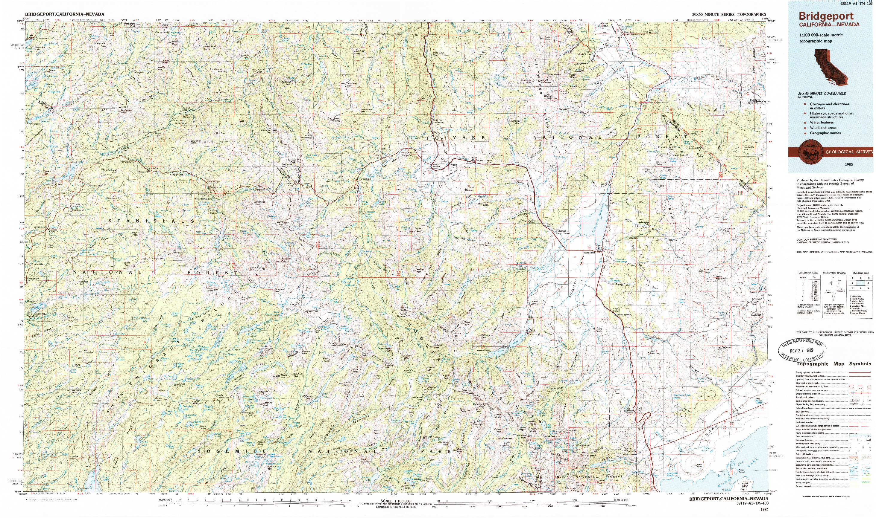 USGS 1:100000-SCALE QUADRANGLE FOR BRIDGEPORT, CA 1985