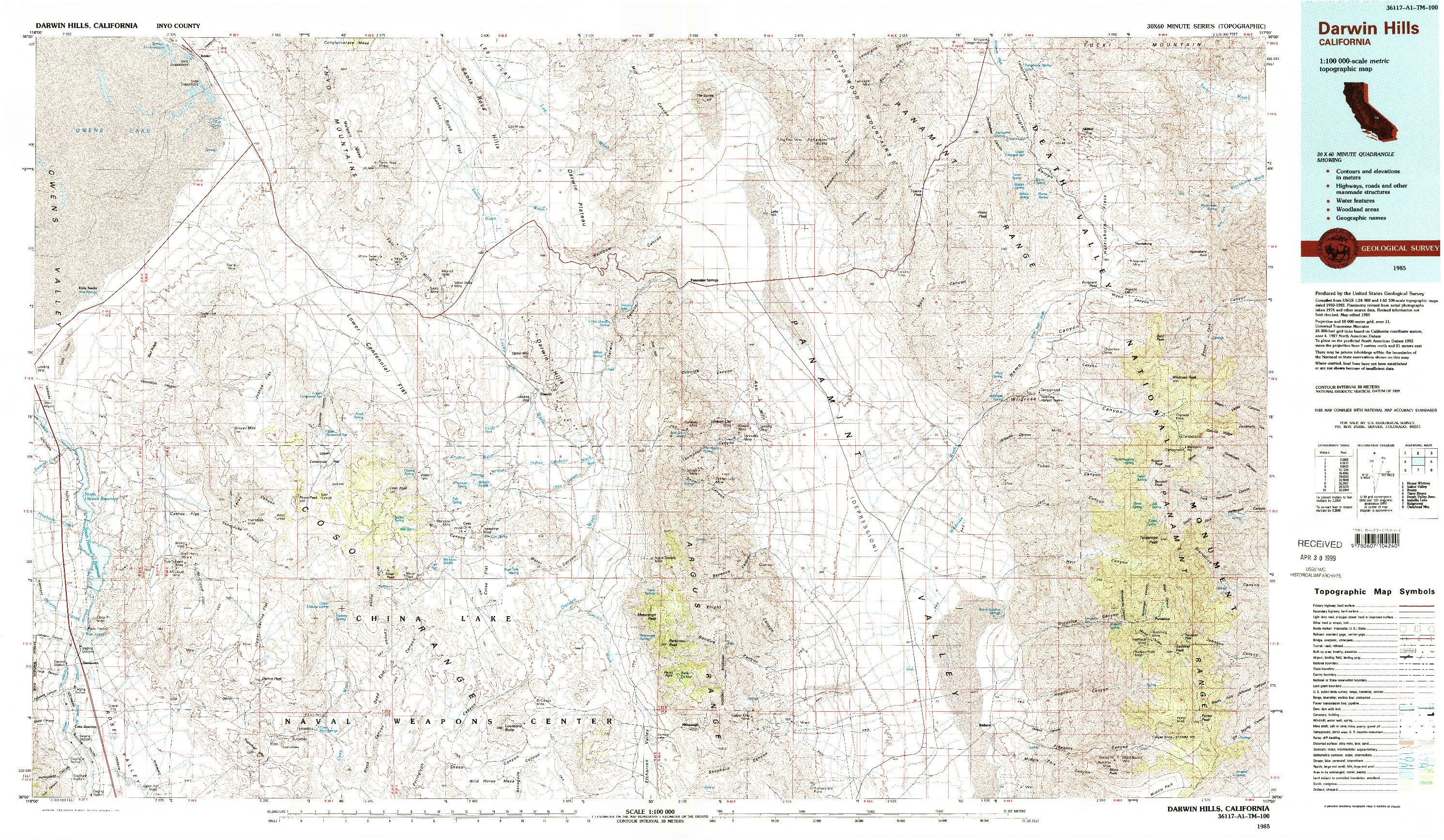 USGS 1:100000-SCALE QUADRANGLE FOR DARWIN HILLS, CA 1985