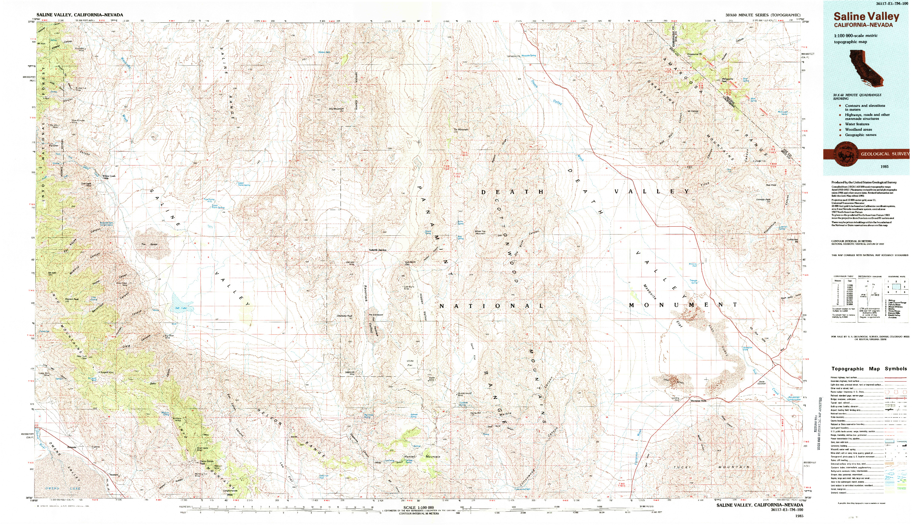 USGS 1:100000-SCALE QUADRANGLE FOR SALINE VALLEY, CA 1985