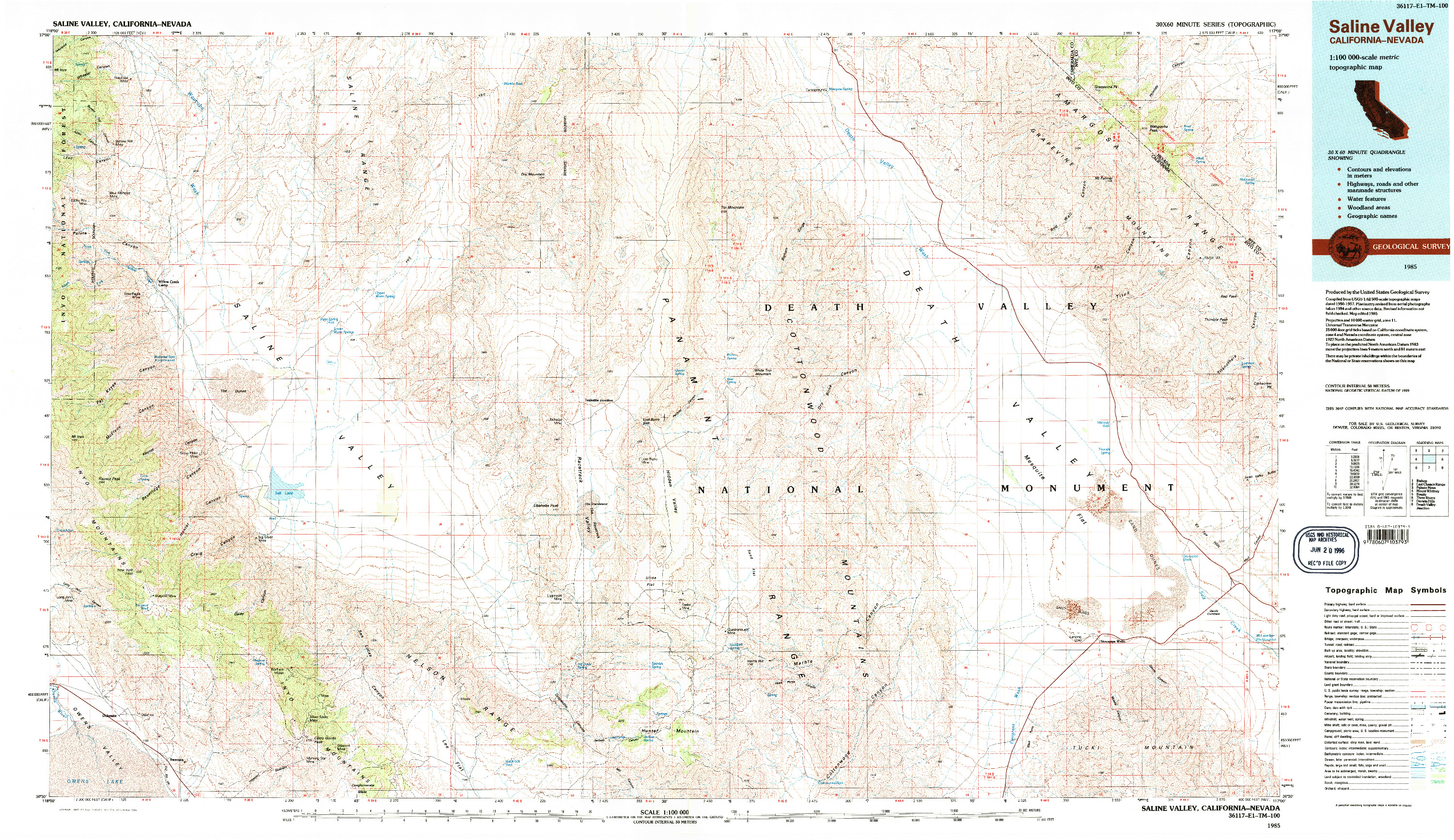 USGS 1:100000-SCALE QUADRANGLE FOR SALINE VALLEY, CA 1985