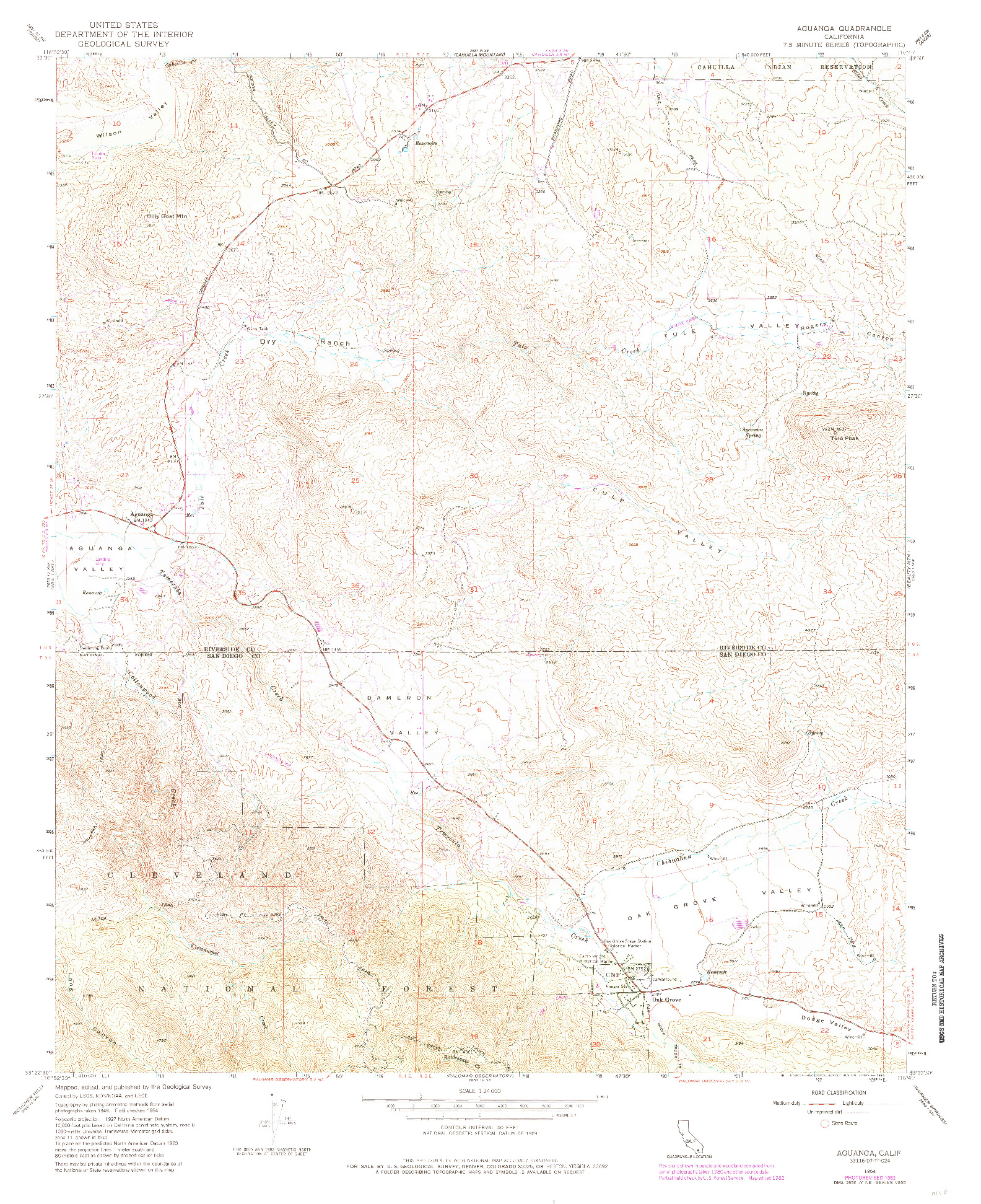 USGS 1:24000-SCALE QUADRANGLE FOR AGUANGA, CA 1954