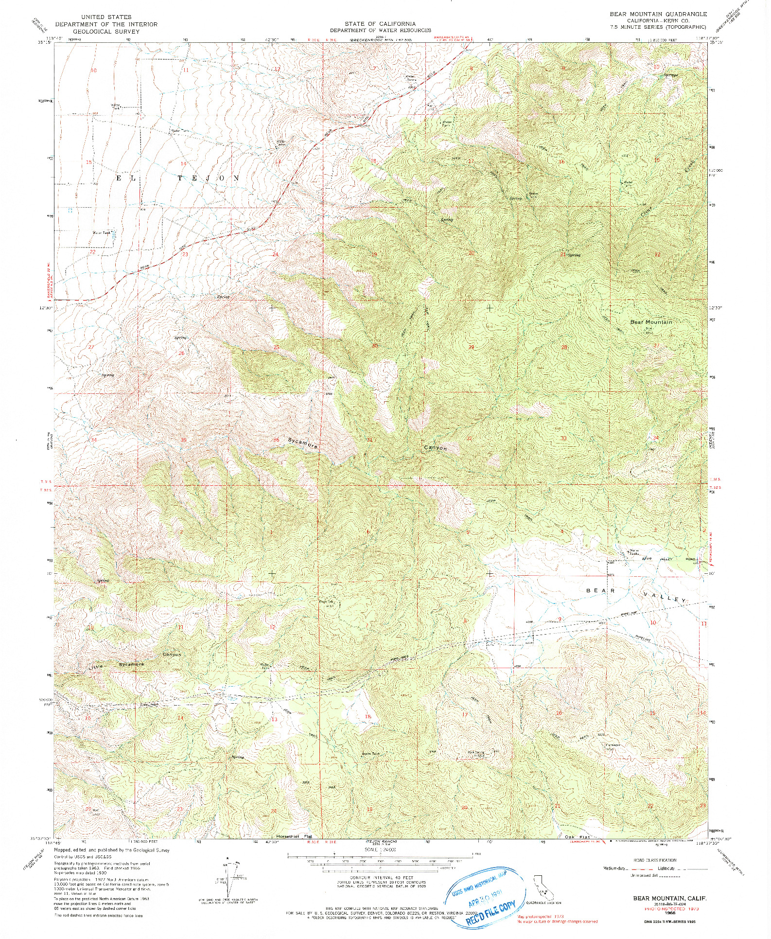 USGS 1:24000-SCALE QUADRANGLE FOR BEAR MOUNTAIN, CA 1966