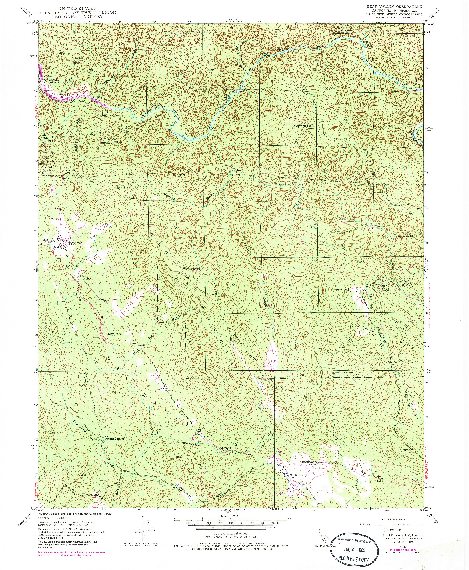 USGS 1:24000-SCALE QUADRANGLE FOR BEAR VALLEY, CA 1947