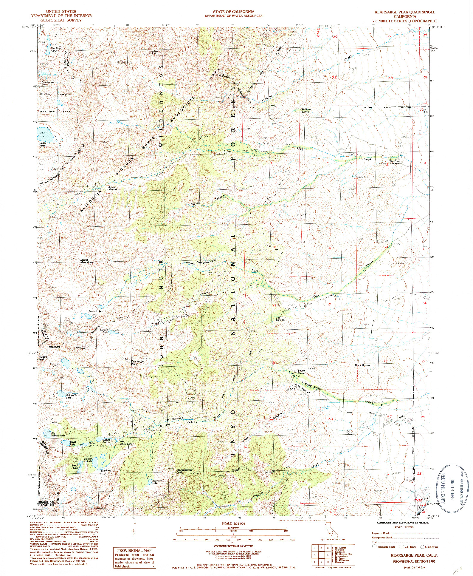 USGS 1:24000-SCALE QUADRANGLE FOR KEARSARGE PEAK, CA 1985