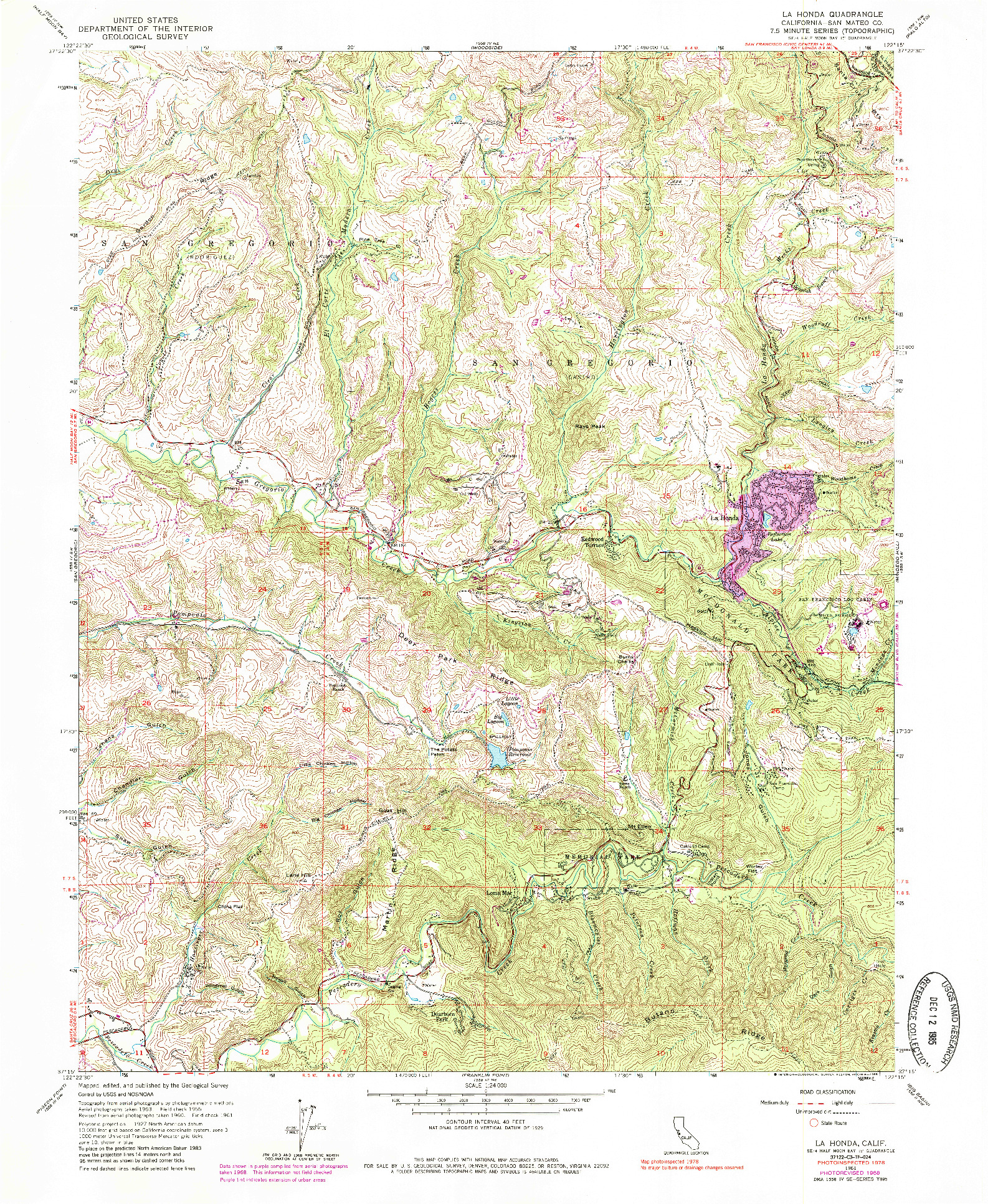 USGS 1:24000-SCALE QUADRANGLE FOR LA HONDA, CA 1961