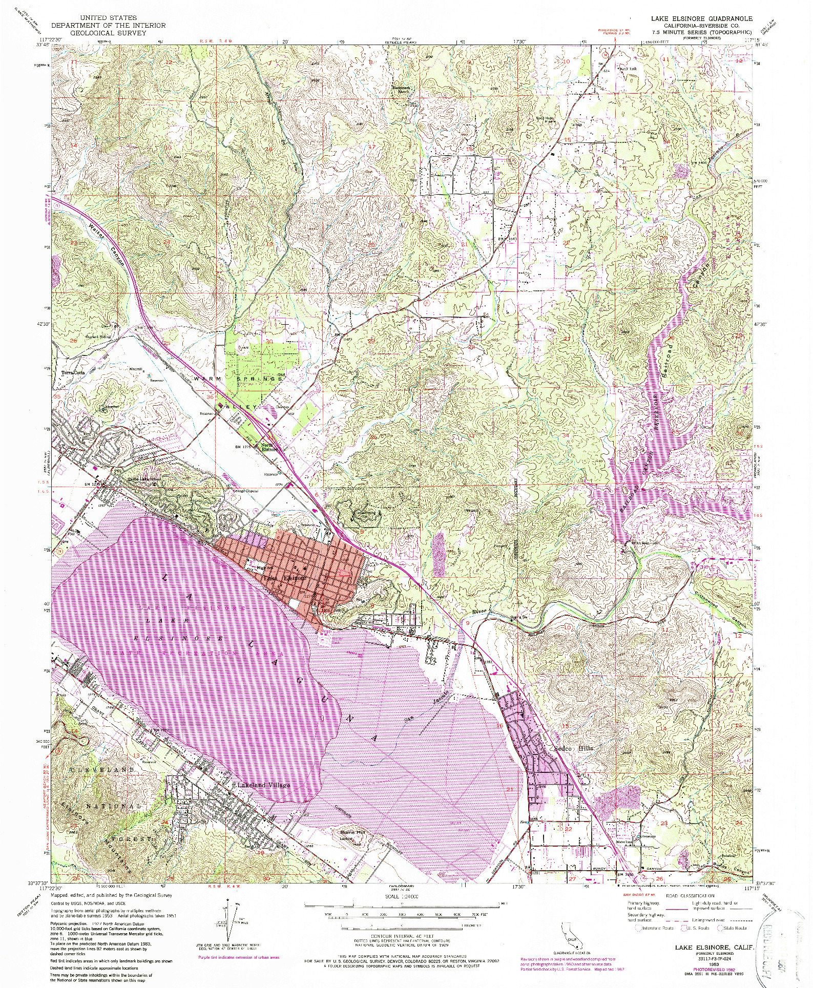 USGS 1:24000-SCALE QUADRANGLE FOR LAKE ELSINORE, CA 1953