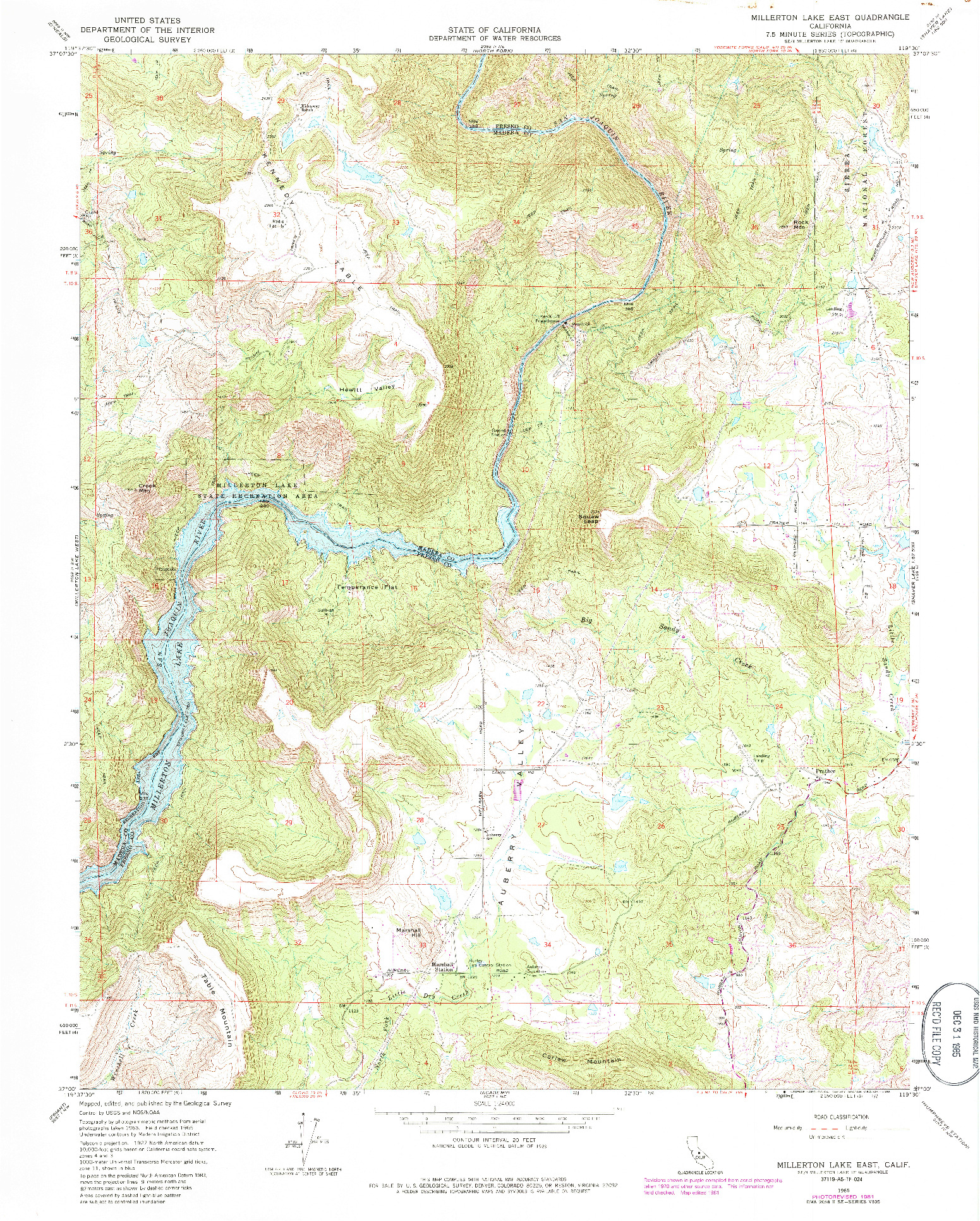 USGS 1:24000-SCALE QUADRANGLE FOR MILLERTON LAKE EAST, CA 1965