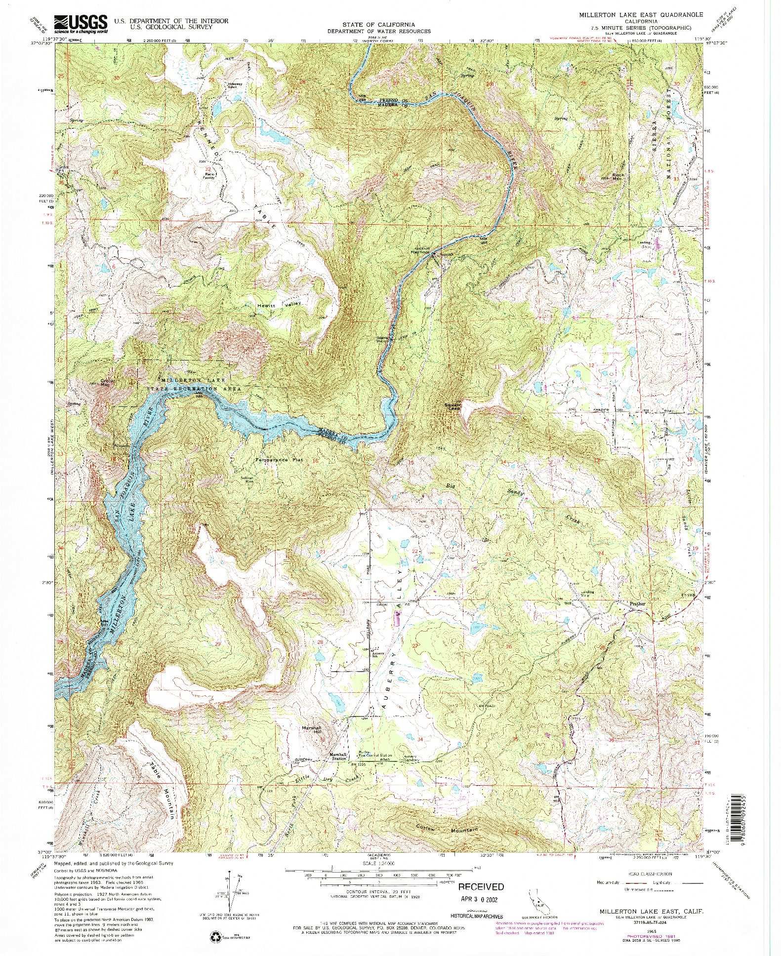 USGS 1:24000-SCALE QUADRANGLE FOR MILLERTON LAKE EAST, CA 1965