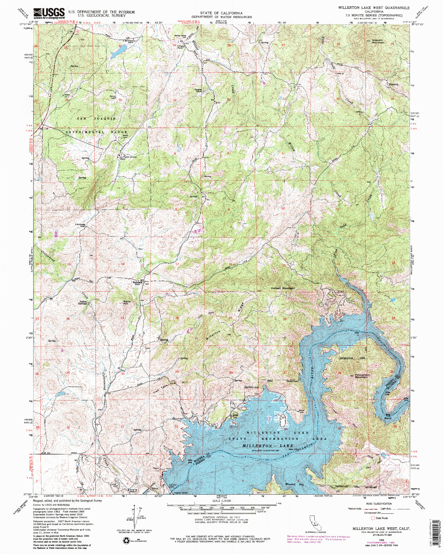USGS 1:24000-SCALE QUADRANGLE FOR MILLERTON LAKE WEST, CA 1965