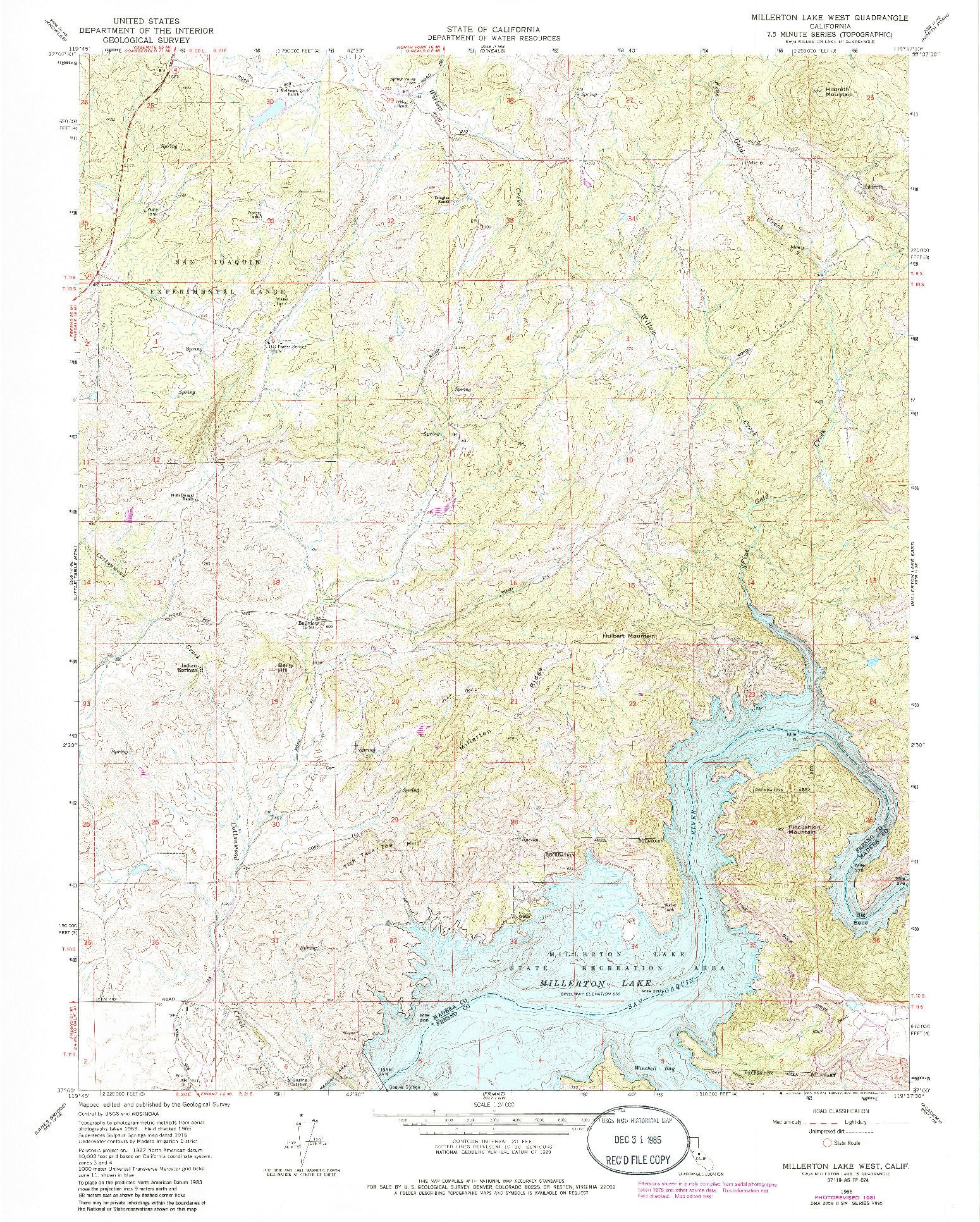 USGS 1:24000-SCALE QUADRANGLE FOR MILLERTON LAKE WEST, CA 1965