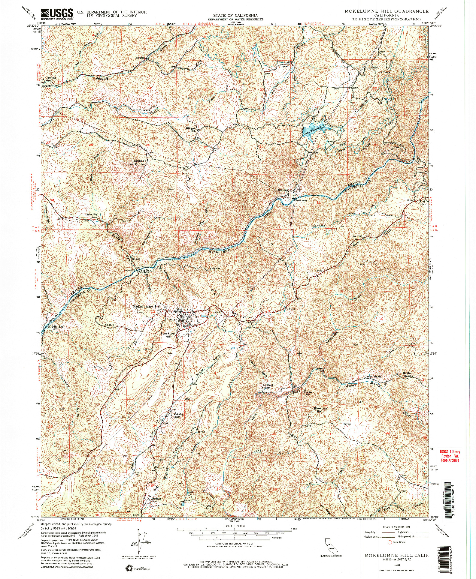 USGS 1:24000-SCALE QUADRANGLE FOR MOKELUMNE HILL, CA 1948