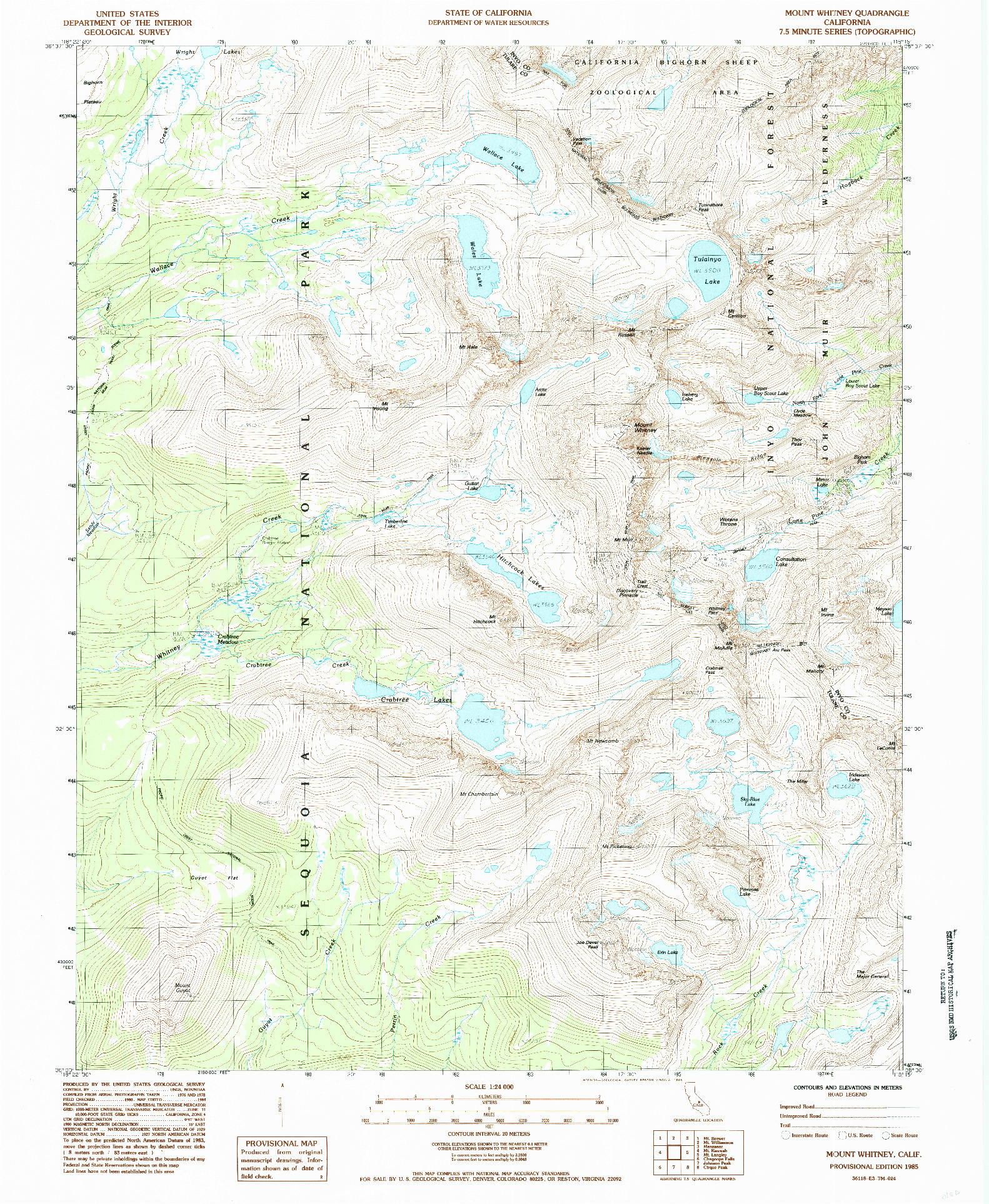 USGS 1:24000-SCALE QUADRANGLE FOR MOUNT WHITNEY, CA 1985