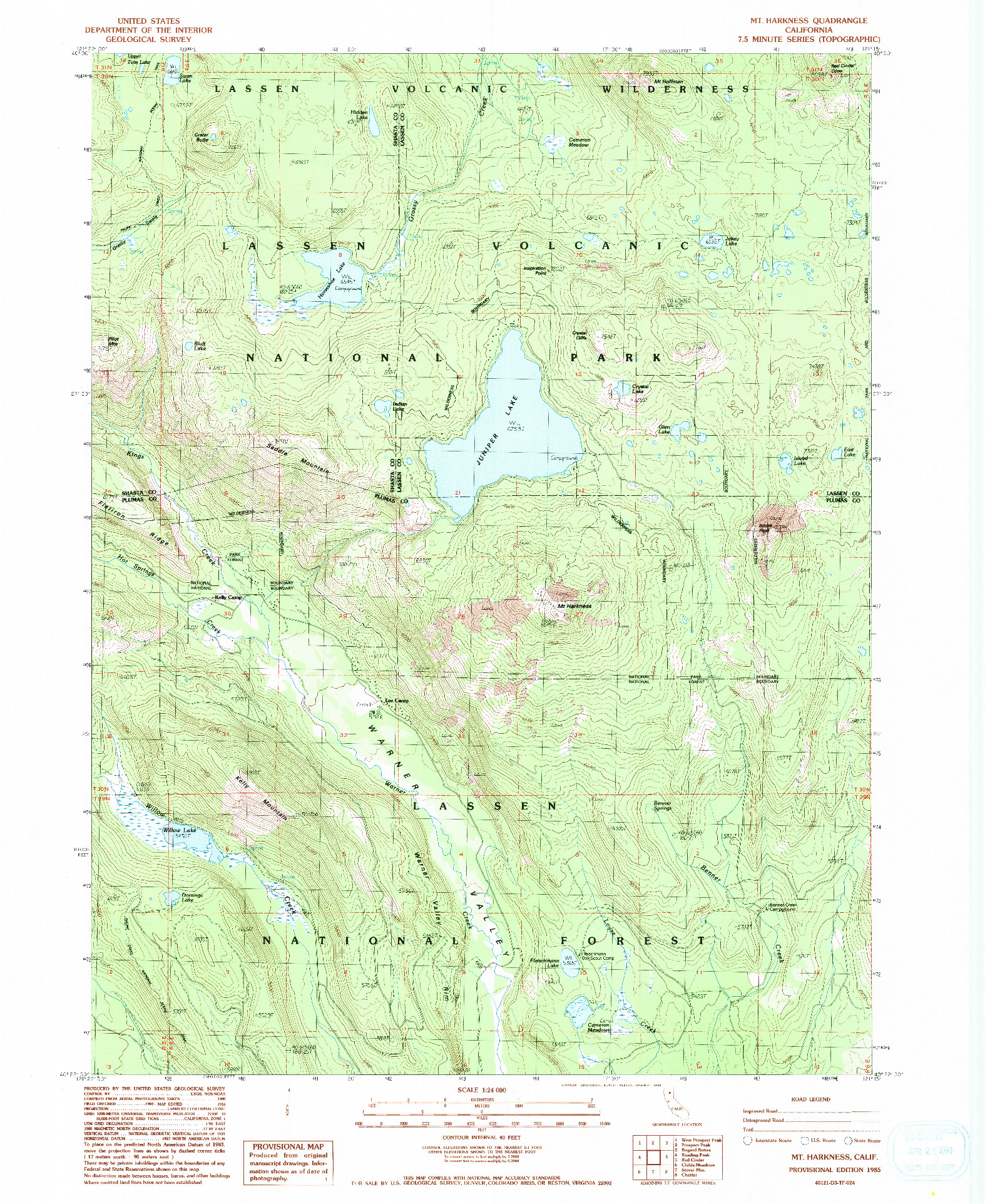 USGS 1:24000-SCALE QUADRANGLE FOR MT. HARKNESS, CA 1985