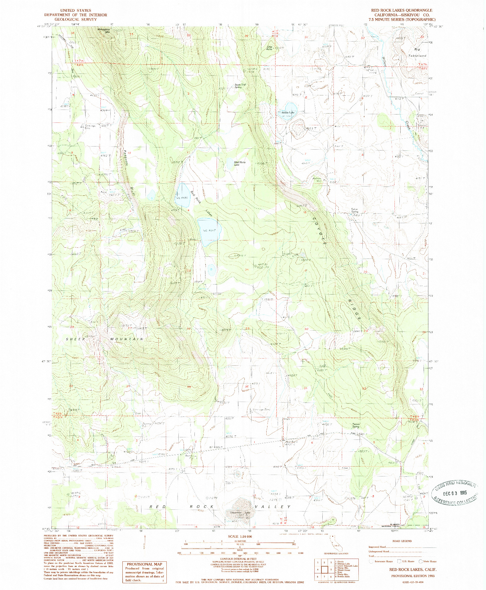 USGS 1:24000-SCALE QUADRANGLE FOR RED ROCK LAKES, CA 1985