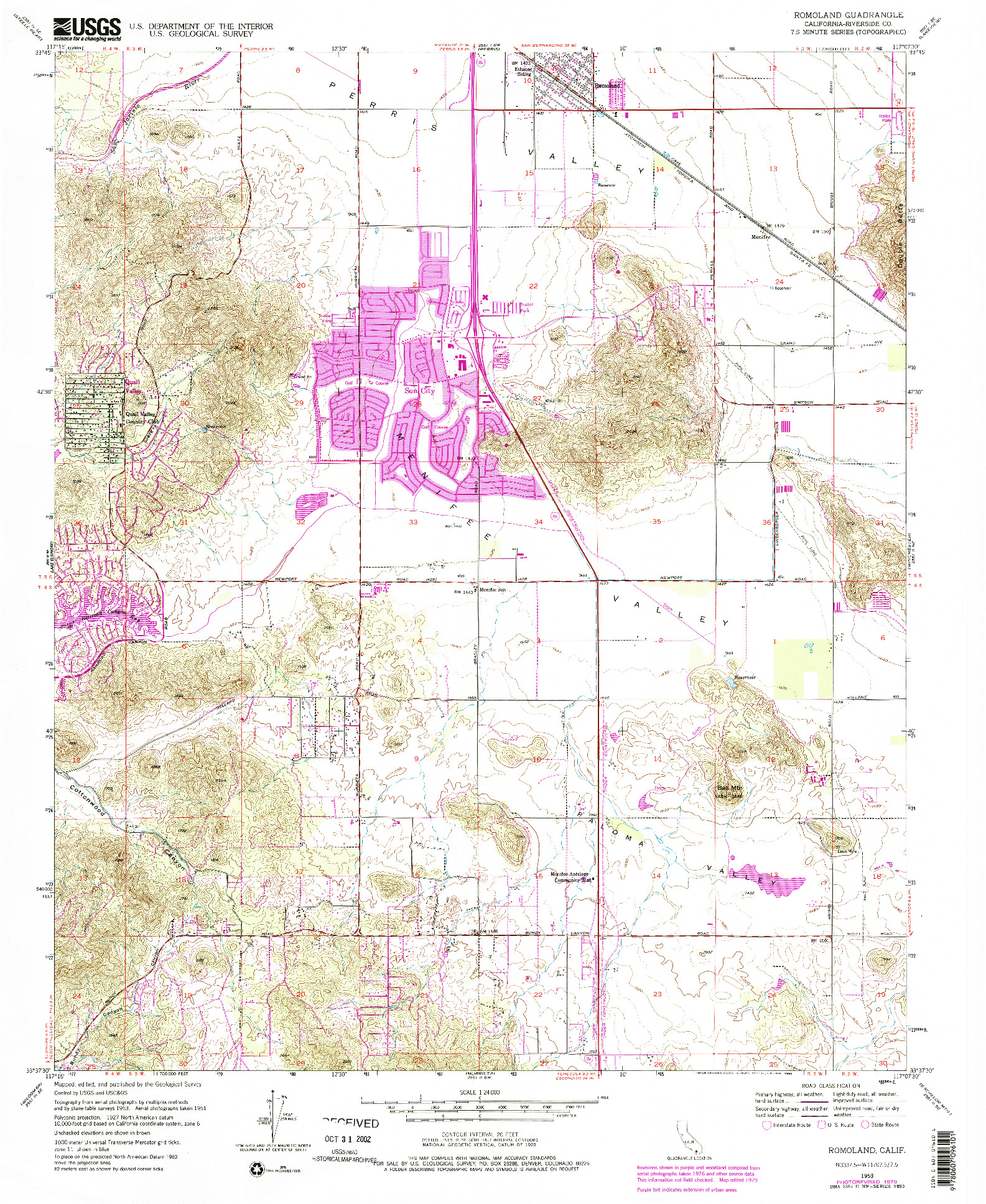 USGS 1:24000-SCALE QUADRANGLE FOR ROMOLAND, CA 1953