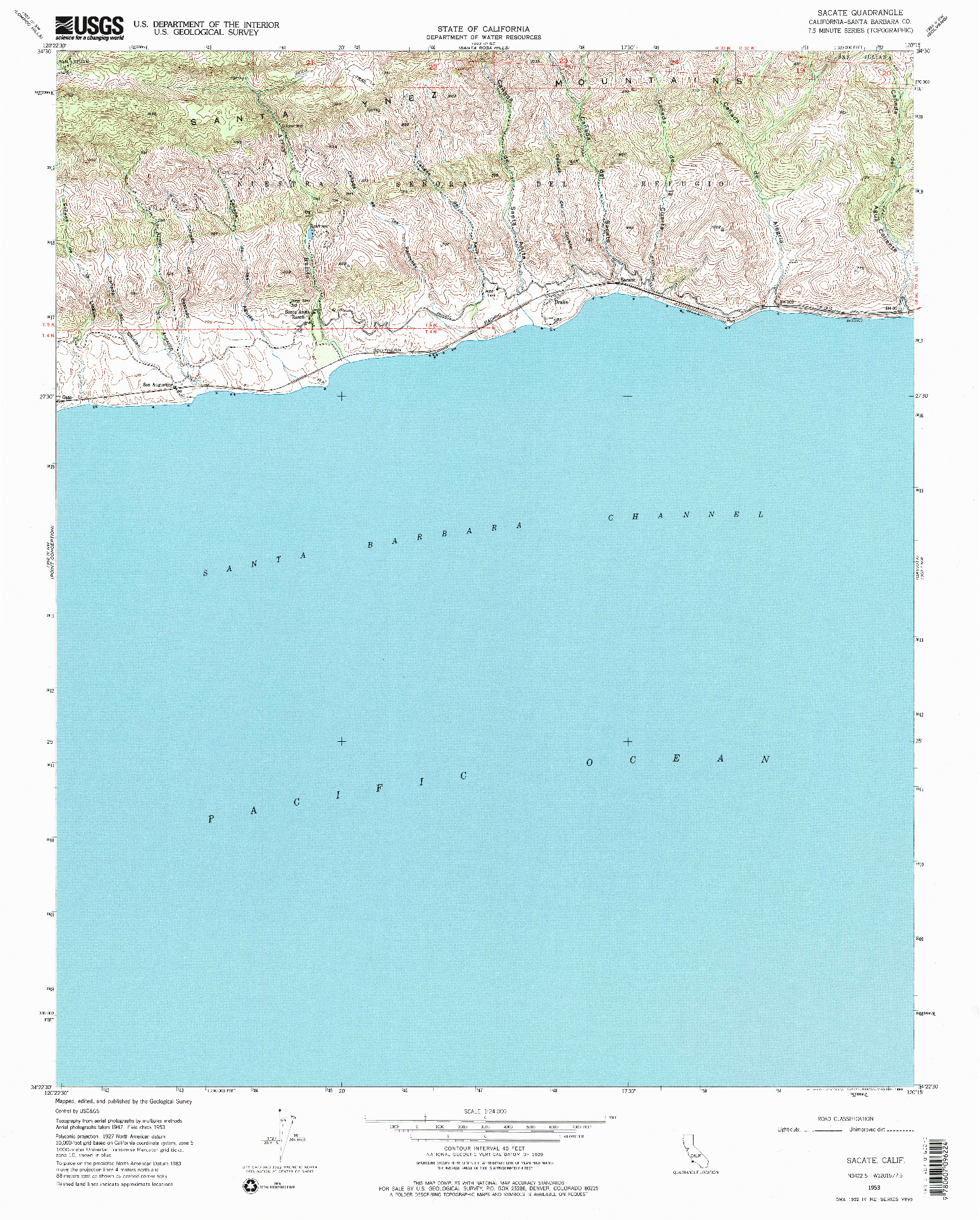 USGS 1:24000-SCALE QUADRANGLE FOR SACATE, CA 1953