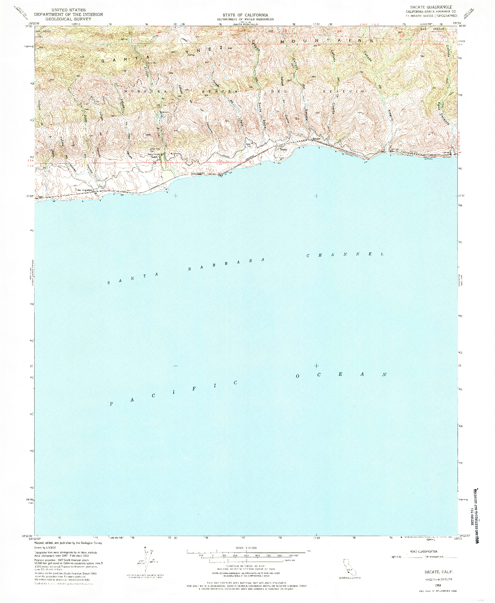 USGS 1:24000-SCALE QUADRANGLE FOR SACATE, CA 1953