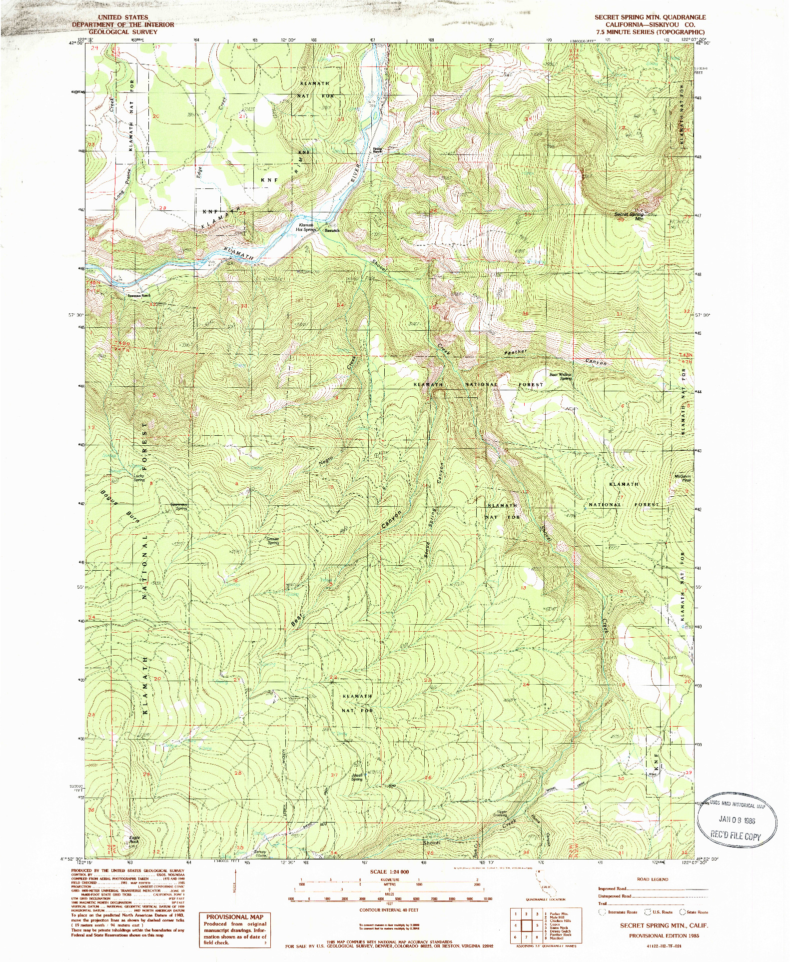 USGS 1:24000-SCALE QUADRANGLE FOR SECRET SPRING MTN, CA 1985