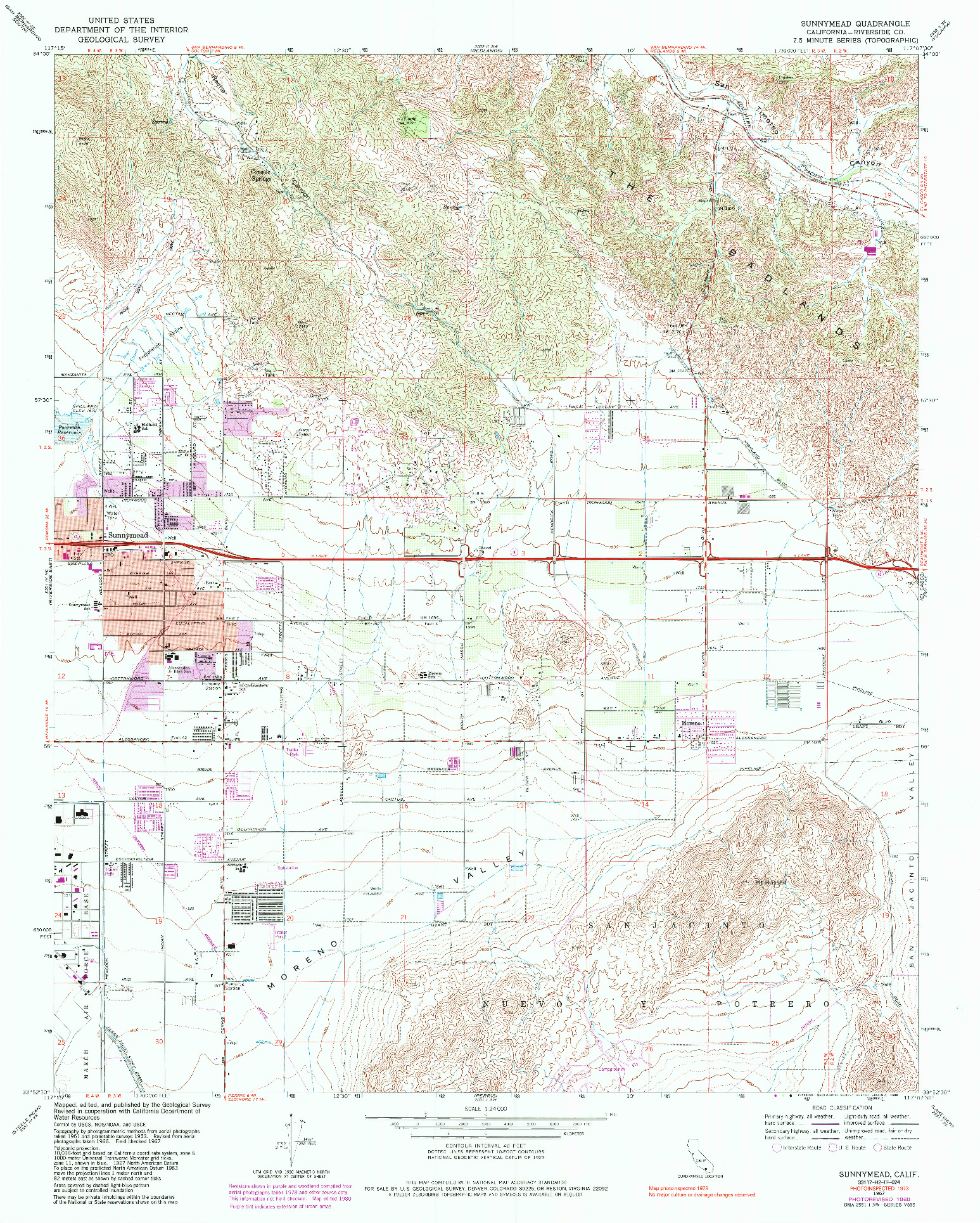 USGS 1:24000-SCALE QUADRANGLE FOR SUNNYMEAD, CA 1967