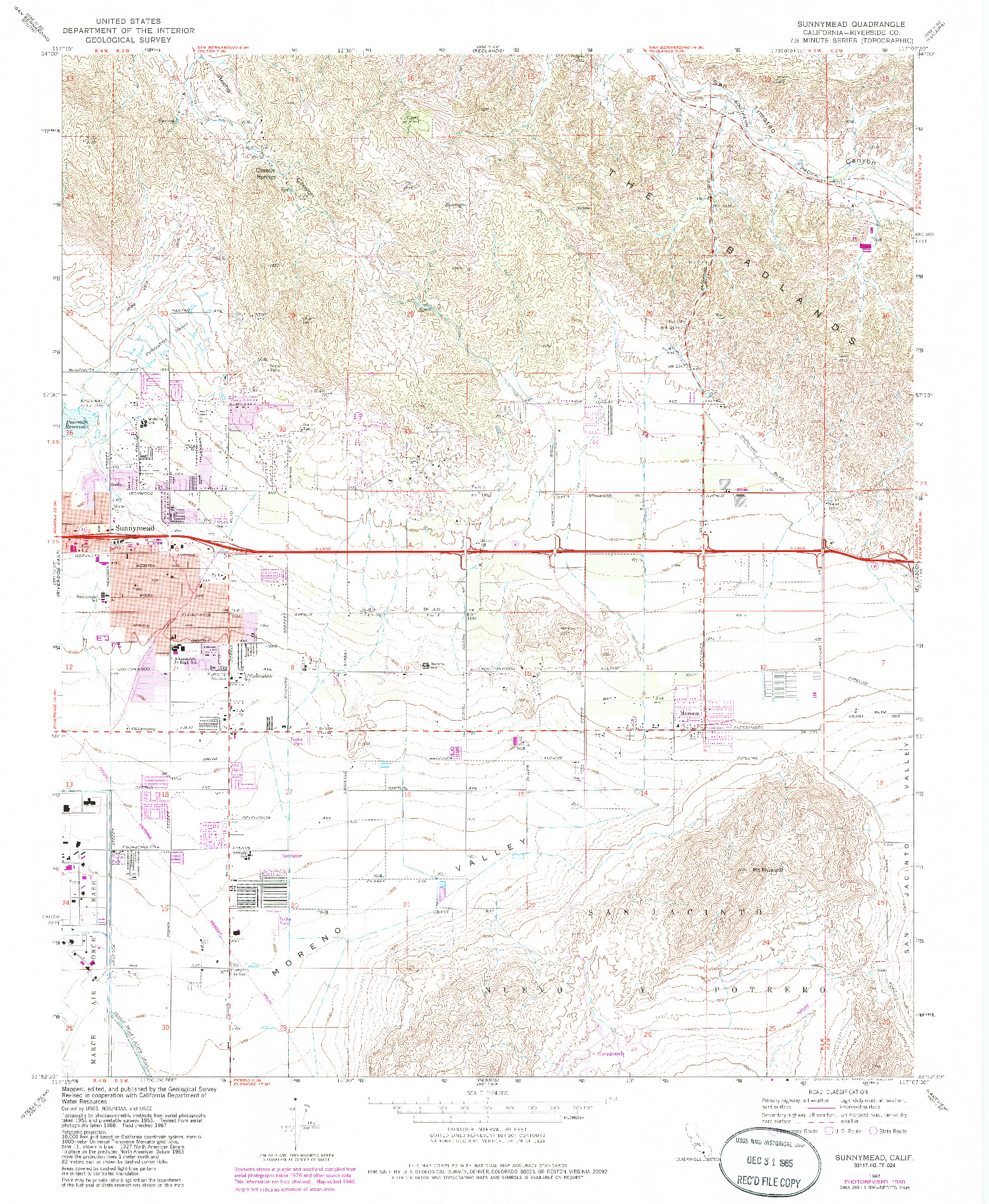 USGS 1:24000-SCALE QUADRANGLE FOR SUNNYMEAD, CA 1967