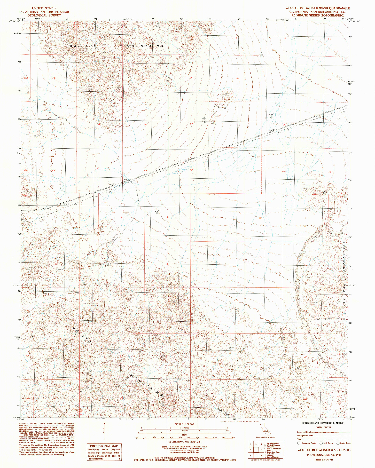 USGS 1:24000-SCALE QUADRANGLE FOR WEST OF BUDWEISER WASH, CA 1984