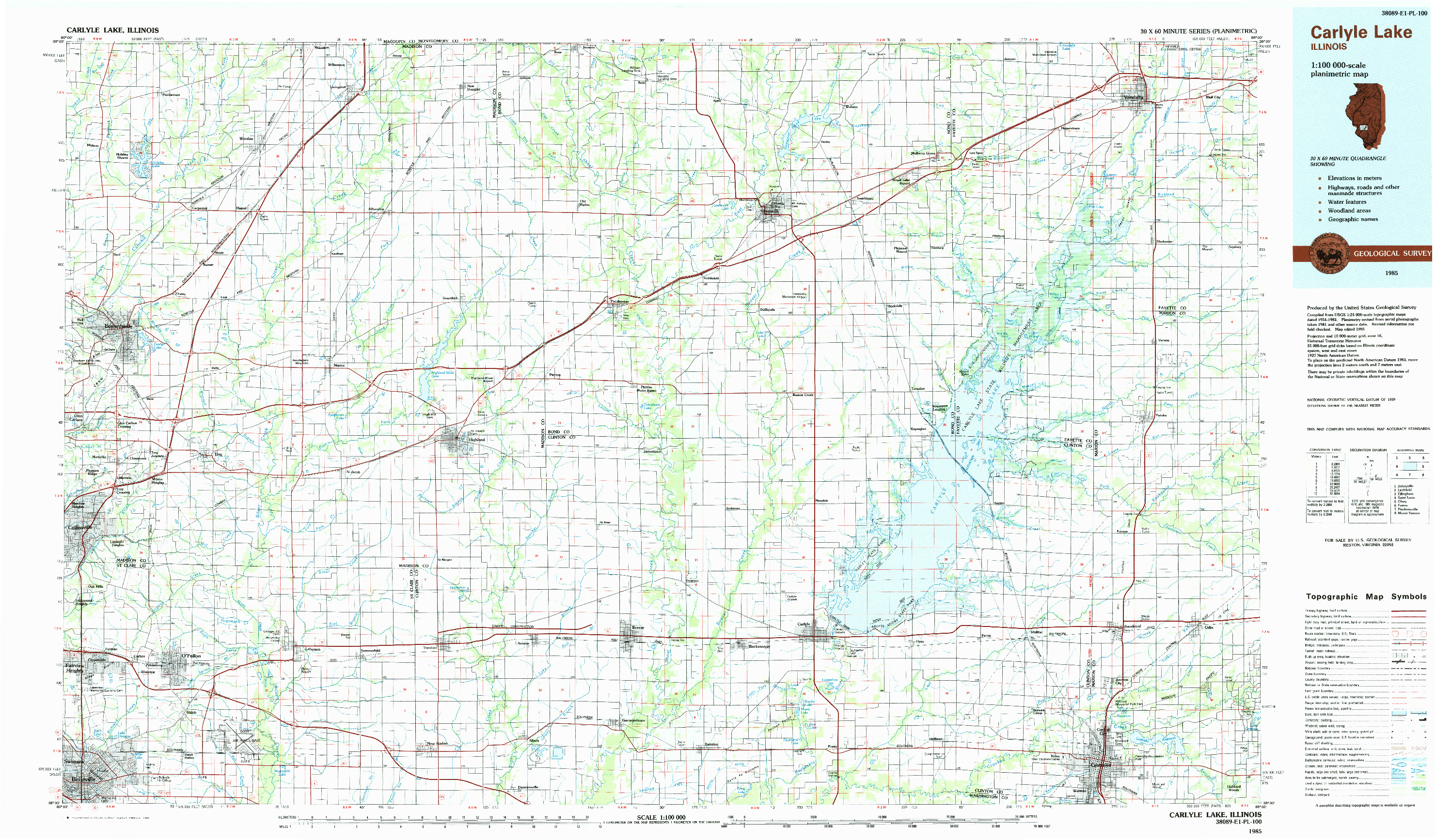 USGS 1:100000-SCALE QUADRANGLE FOR CARLYLE LAKE, IL 1985