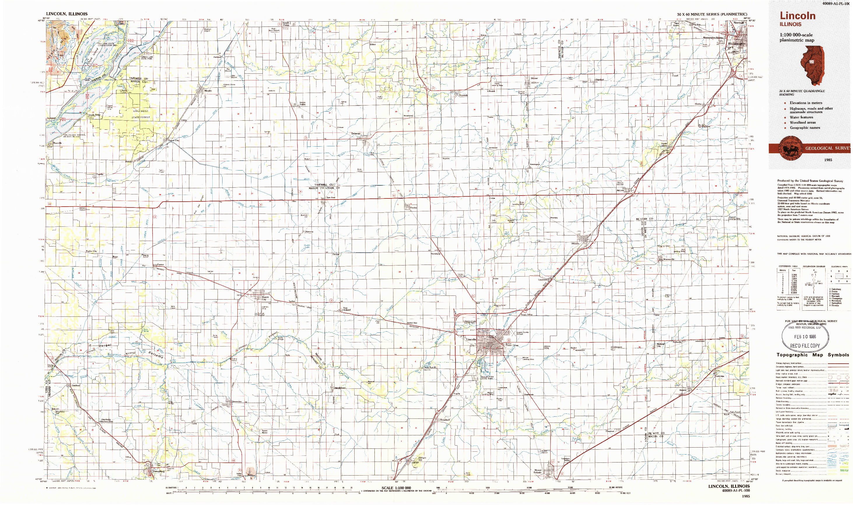 USGS 1:100000-SCALE QUADRANGLE FOR LINCOLN, IL 1985
