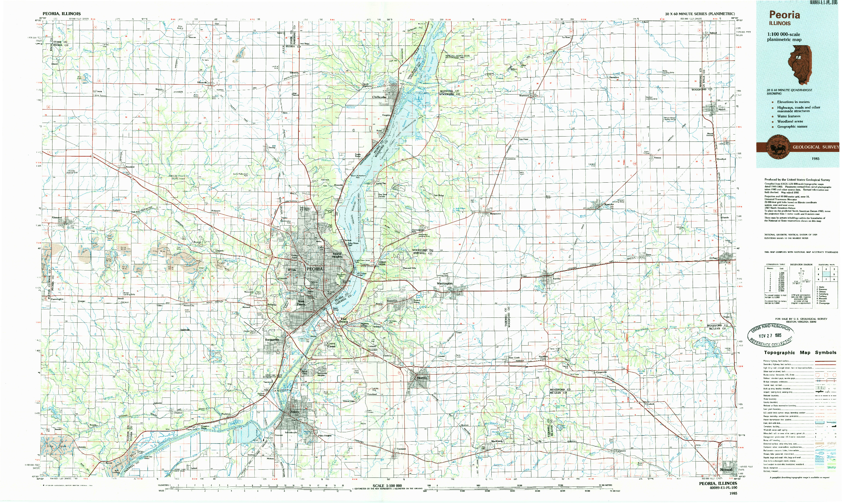 USGS 1:100000-SCALE QUADRANGLE FOR PEORIA, IL 1985