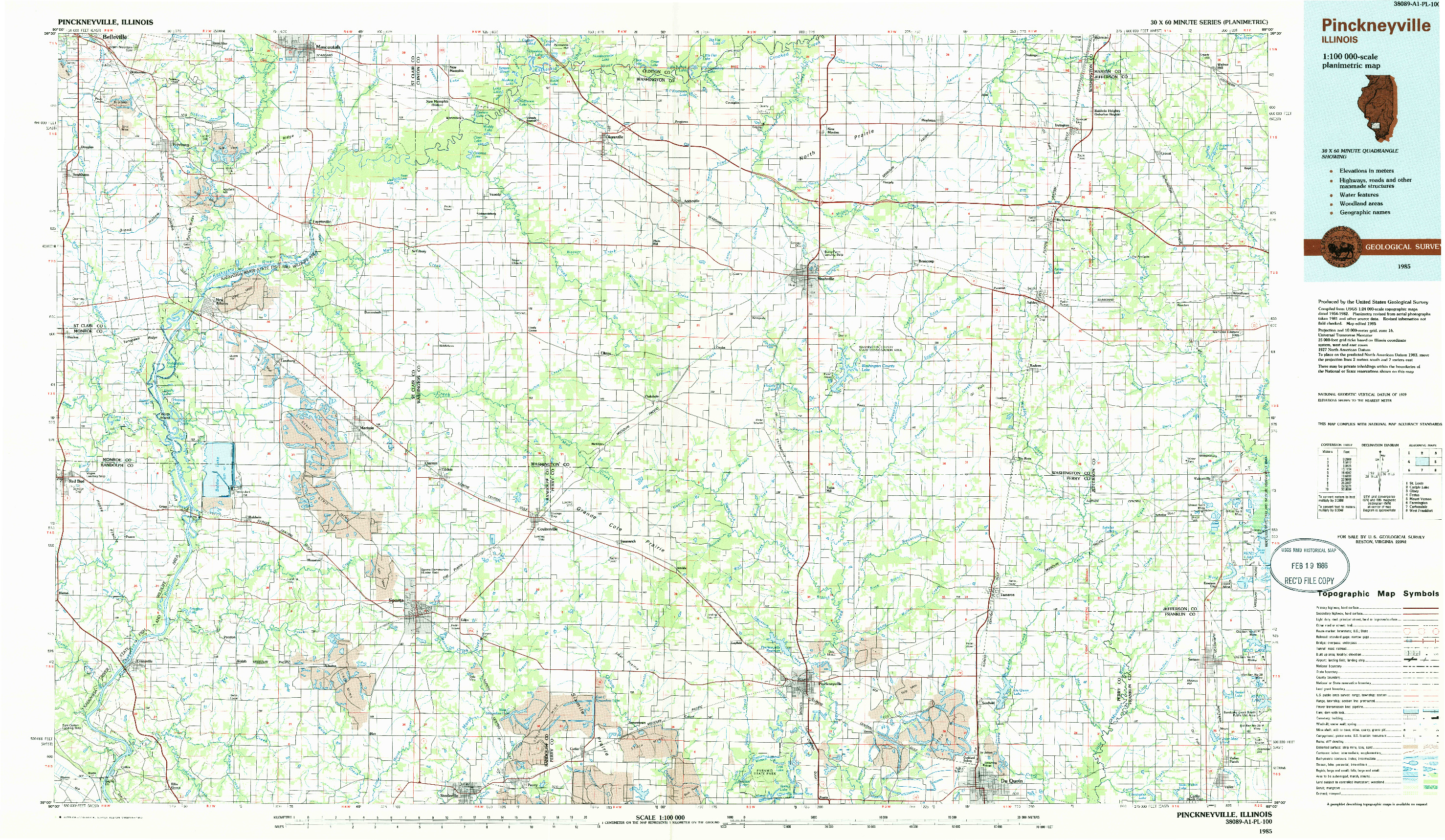 USGS 1:100000-SCALE QUADRANGLE FOR PINCKNEYVILLE, IL 1985