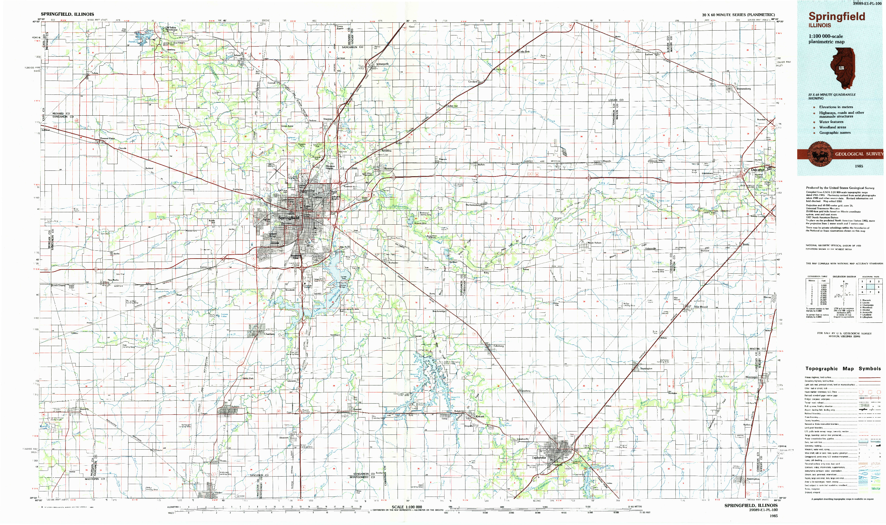 USGS 1:100000-SCALE QUADRANGLE FOR SPRINGFIELD, IL 1985