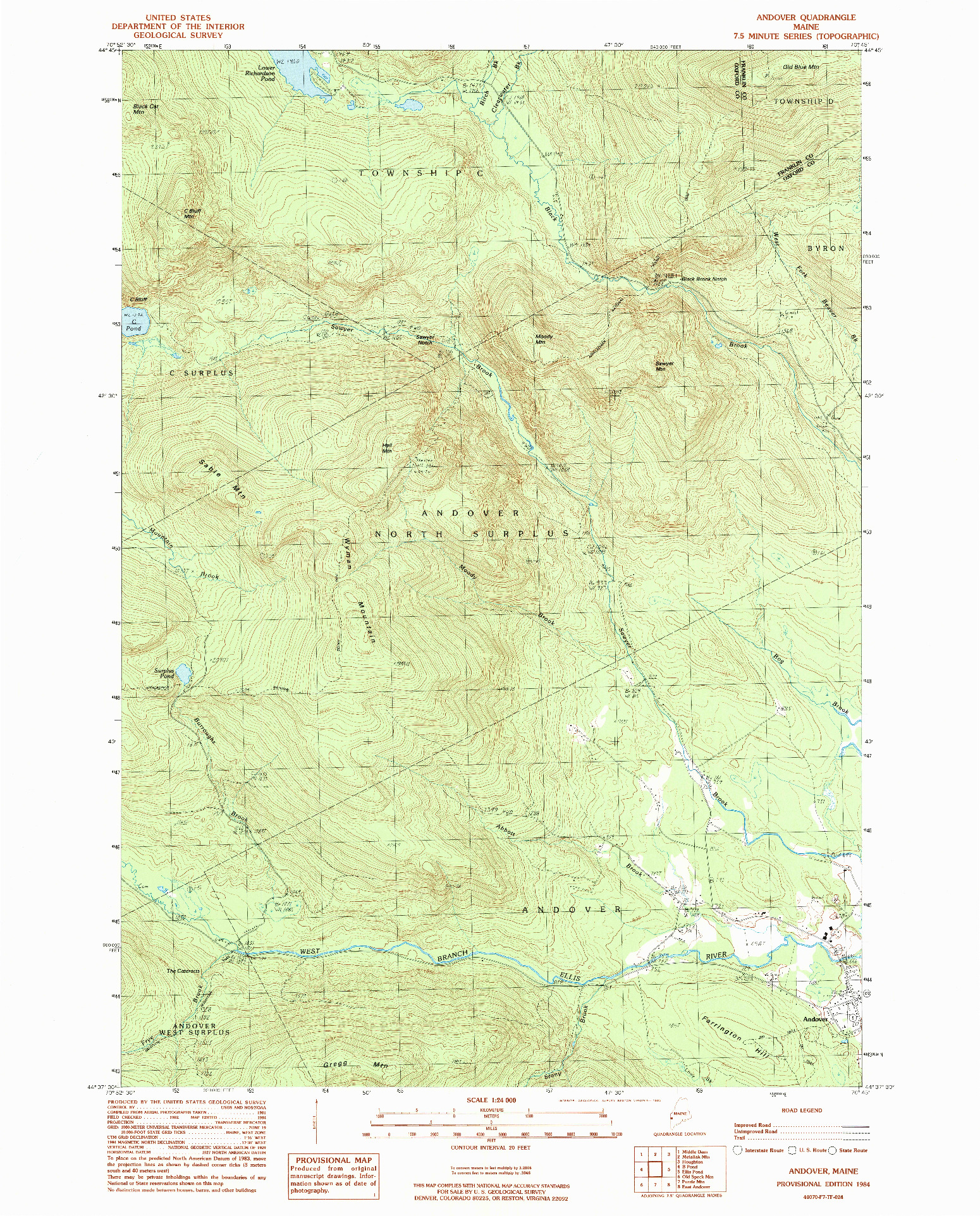 USGS 1:24000-SCALE QUADRANGLE FOR ANDOVER, ME 1984