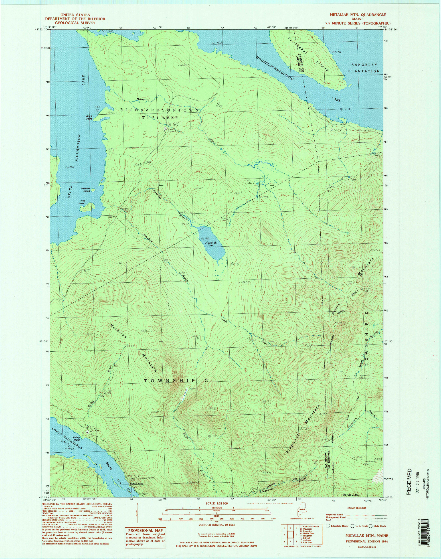 USGS 1:24000-SCALE QUADRANGLE FOR METALLAK MTN, ME 1984