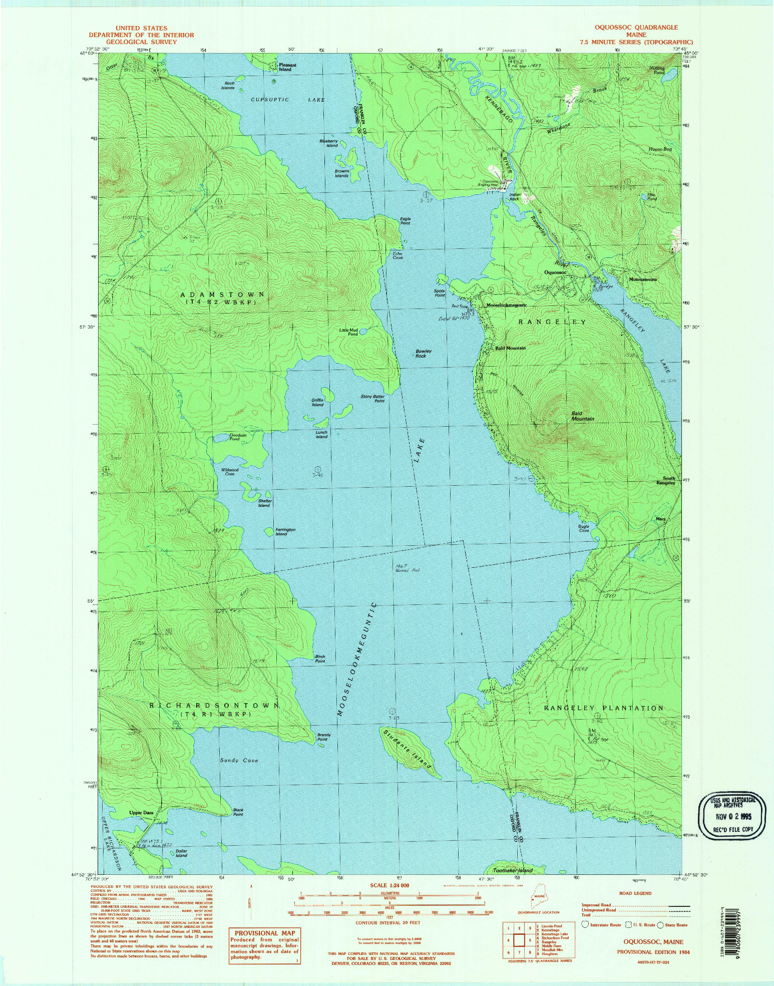 USGS 1:24000-SCALE QUADRANGLE FOR OQUOSSOC, ME 1984